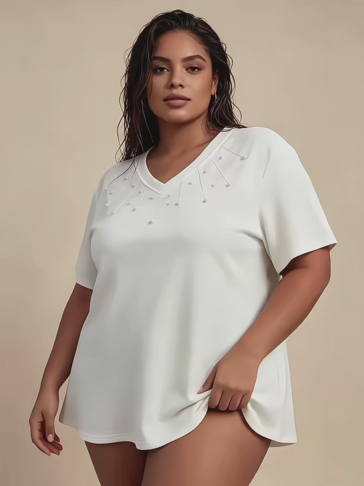 T-Shirt Übergröße Schwarz Weiß Hellbraun Fuchsia, Oberteil mit kurzen Ärmeln und V-Ausschnitt, verziert mit Perlen, Damen-T-Shirt, schicke lässige Sommerbluse, bequemes Top in Übergröße 46-60 2WH25