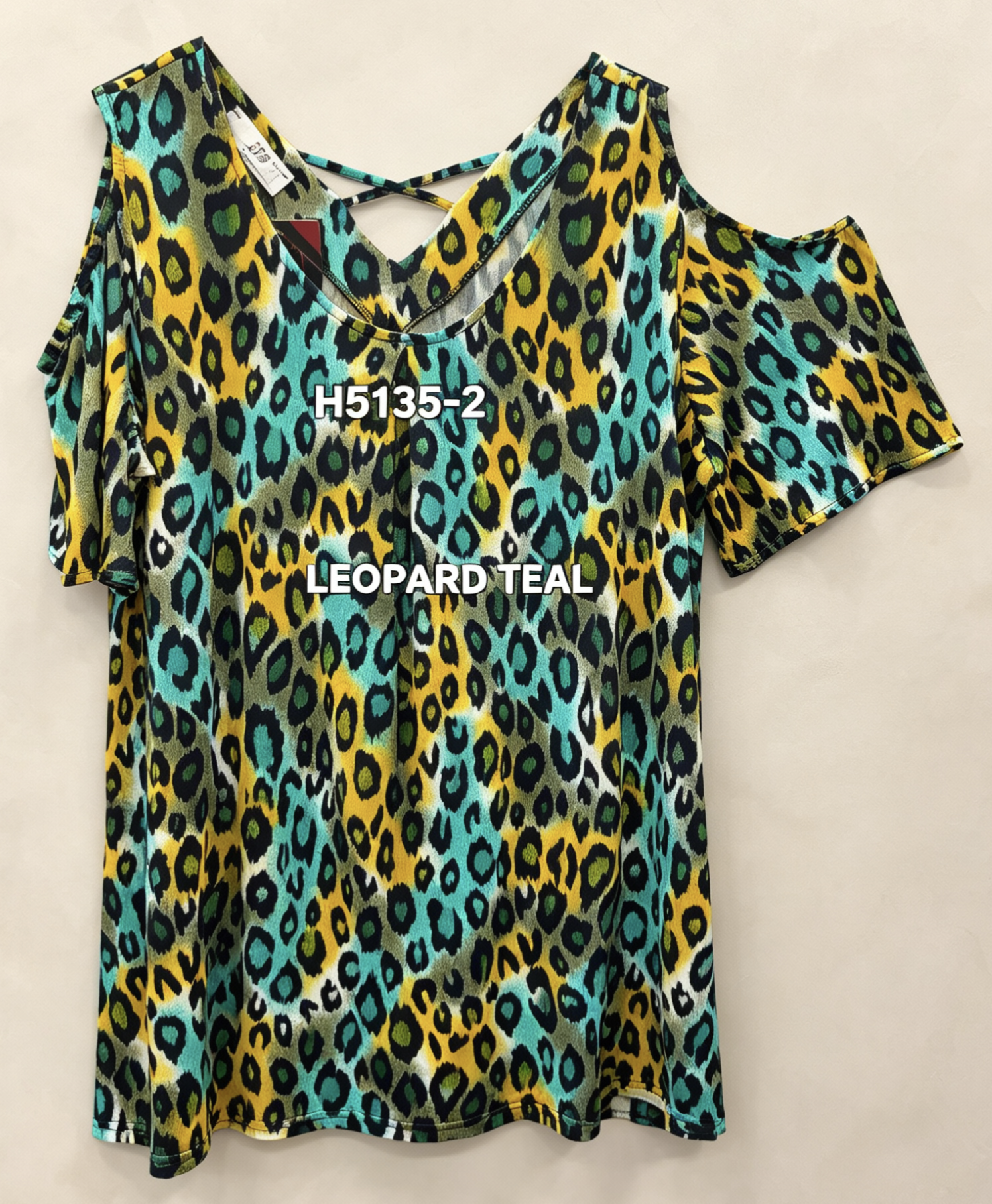 Blouse Grande Taille H5135-2  Imprimé Léopard Multicolore Épaule Dénudée, Tailles 46-60