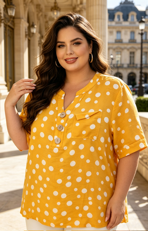Blouse Grande Taille 46-60 Blanche à Pois Noirs, Col V avec Boutons et Poche, Manches Courtes, Multicolore Disponible H 608