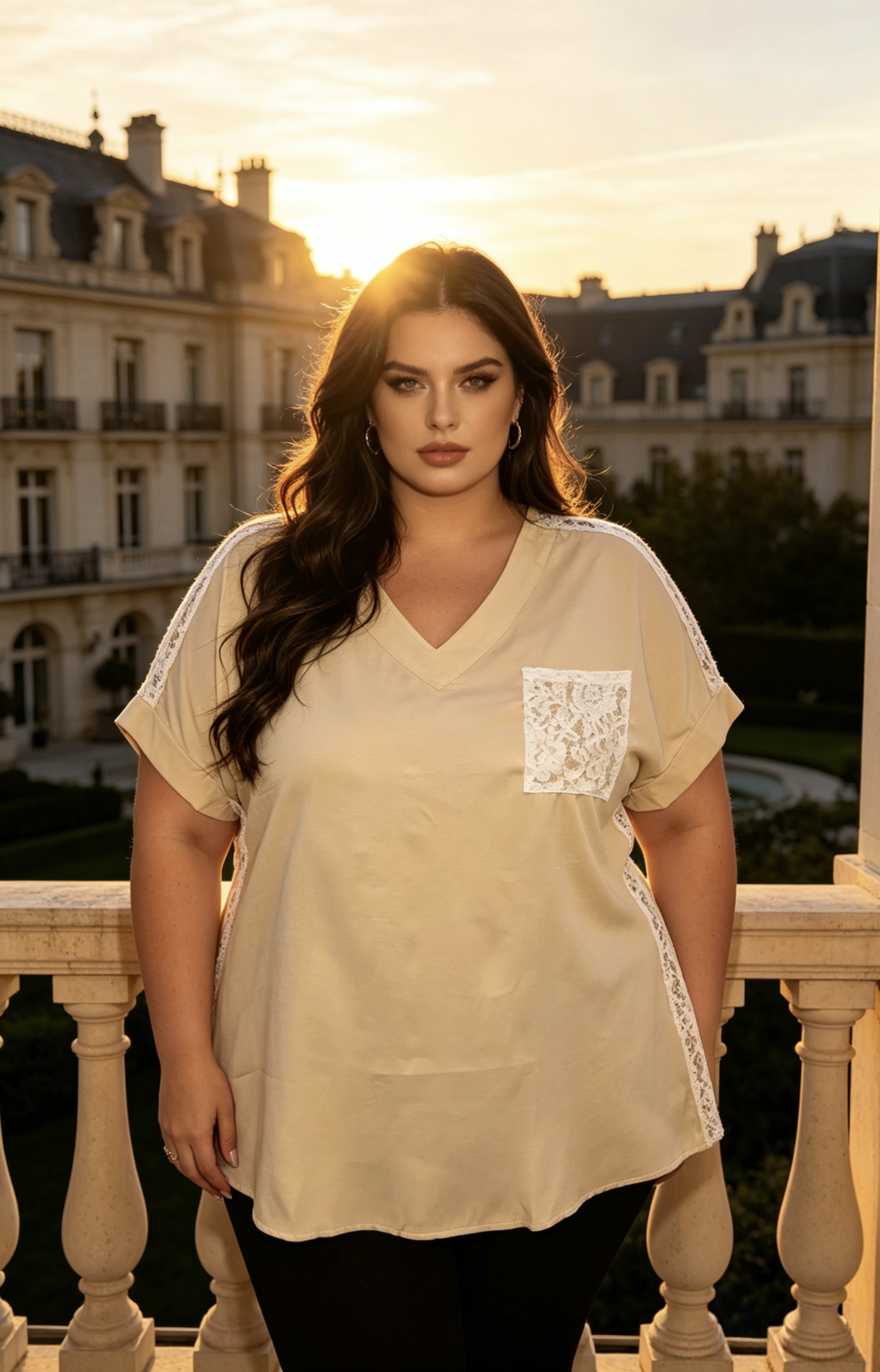 Blouse Fluide Tunique Bleue Ciel Jean Beige Grande Taille avec Dentelle Blanche Manches Courtes – Style Élégant et Féminin pour l’Été R 2623