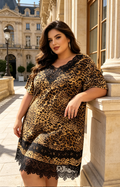Robe Grande Taille Femme 46-60 | Robe Léopard avec Dentelle, Manches Courtes, Plusieurs Couleurs Disponibles R 619 LÉOPARD
