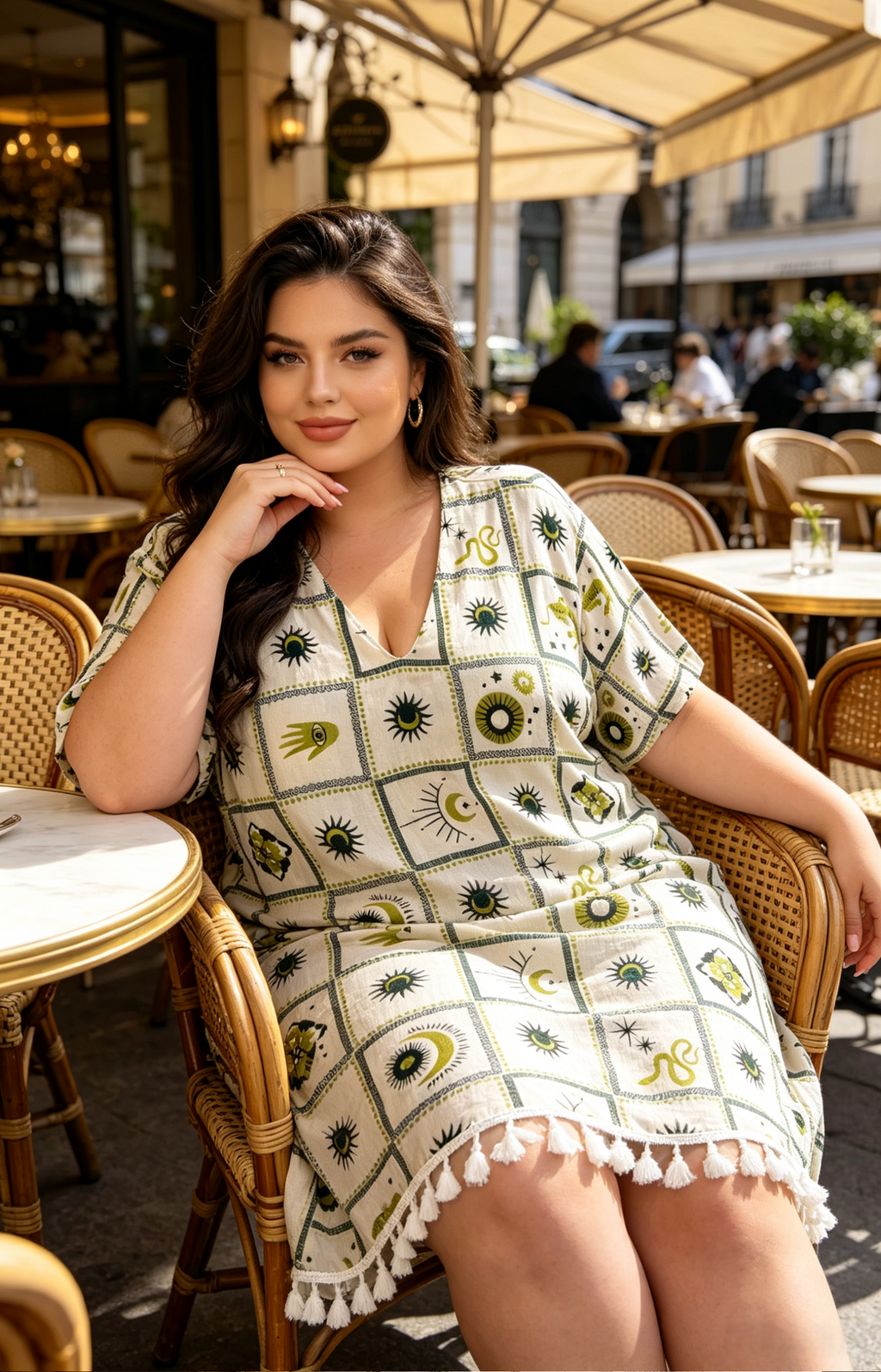 Robe Tunique Grande Taille 46-60 Femme Bohème Imprimé Soleil Lune Col V Manches Courtes Pompons Plusieurs Couleurs R 613