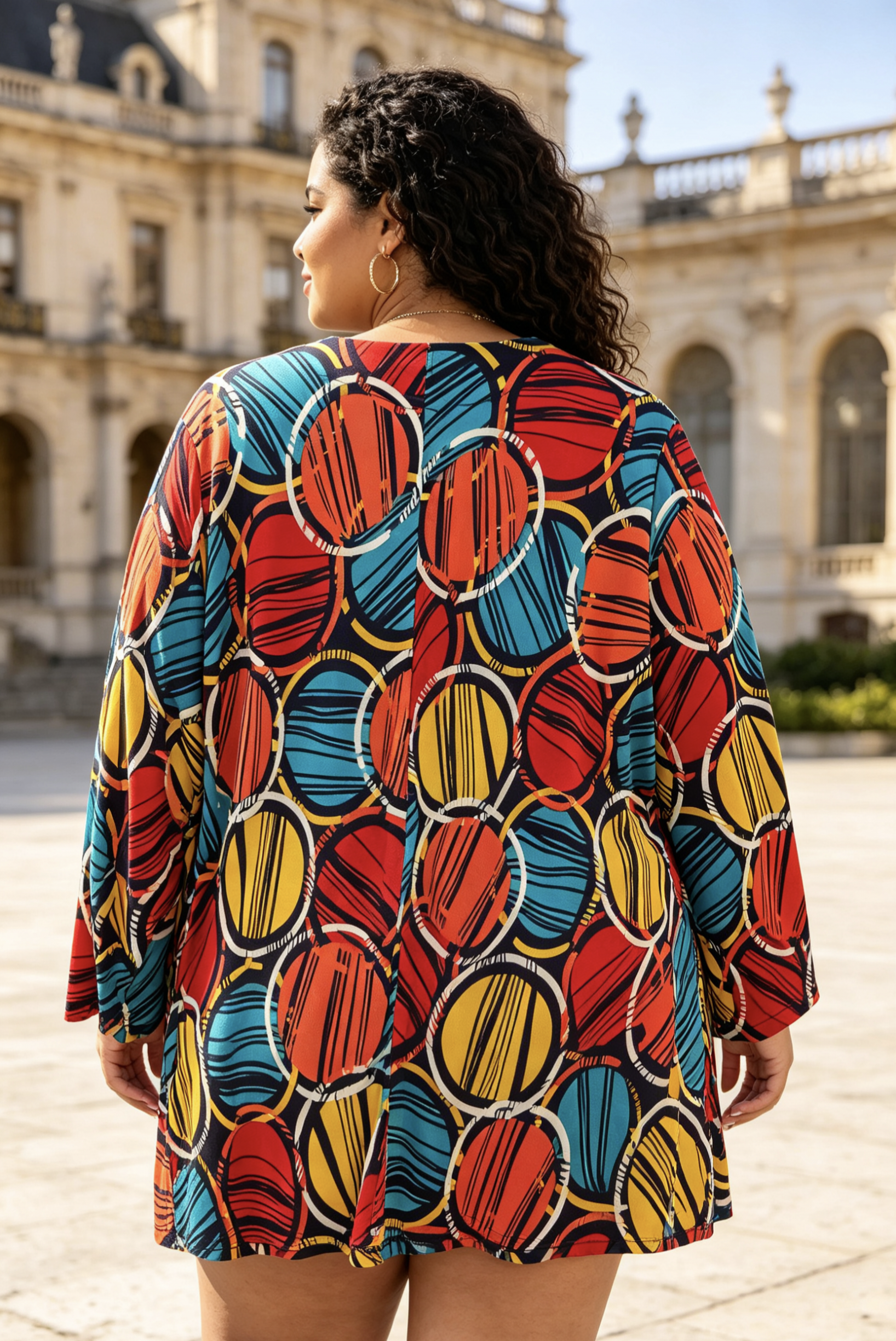 Blouse Tunique Grande Taille H3976 | Imprimé Cercles Multicolore, Manches Longues, Tailles 46-60