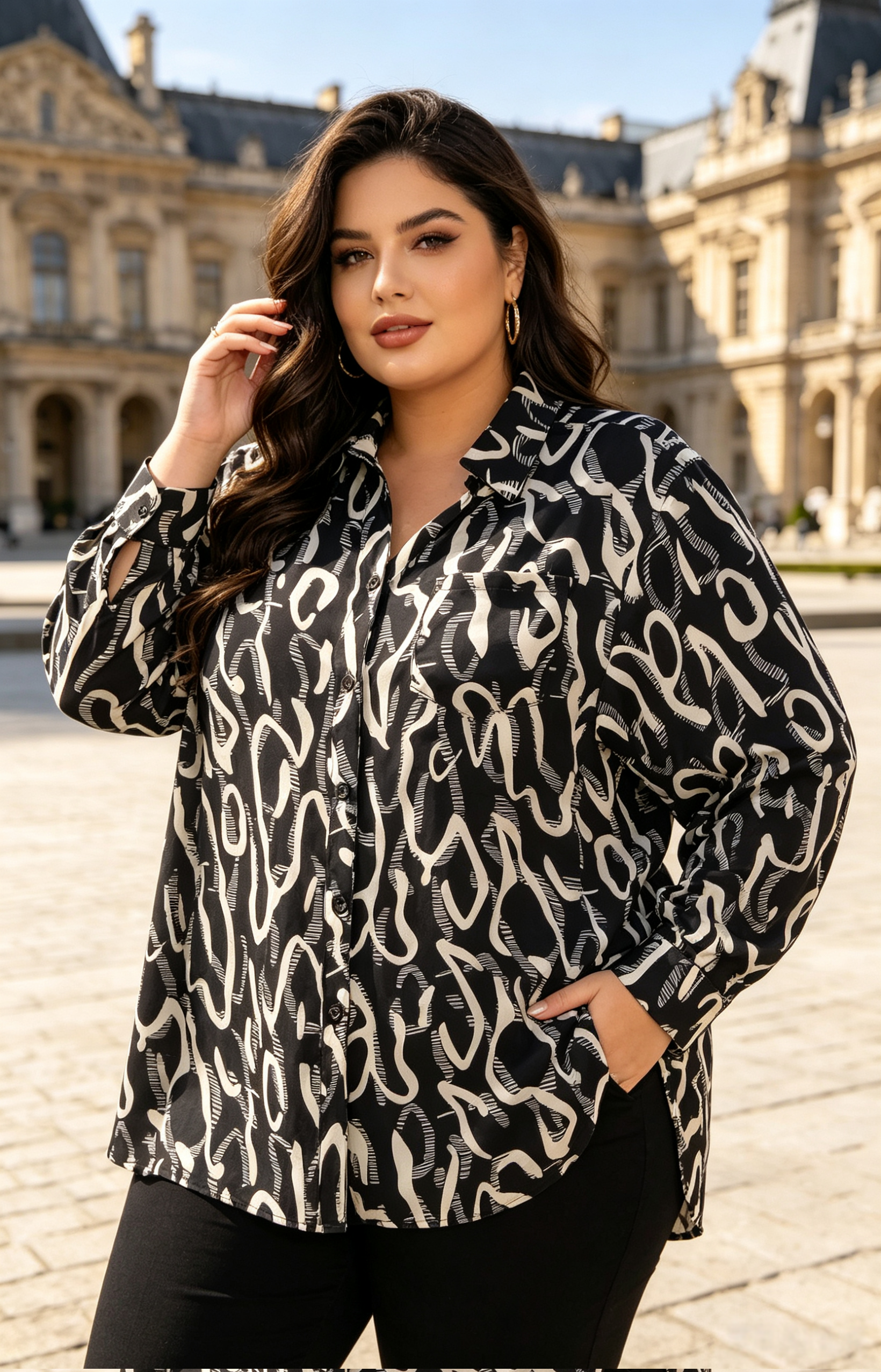 Chemise Grande Taille Femme 46-60, Imprimé Abstrait Noir et Blanc, Coupe Ample et Affinante, Manches Longues, Style Chic pour Toutes Occasions H 13
