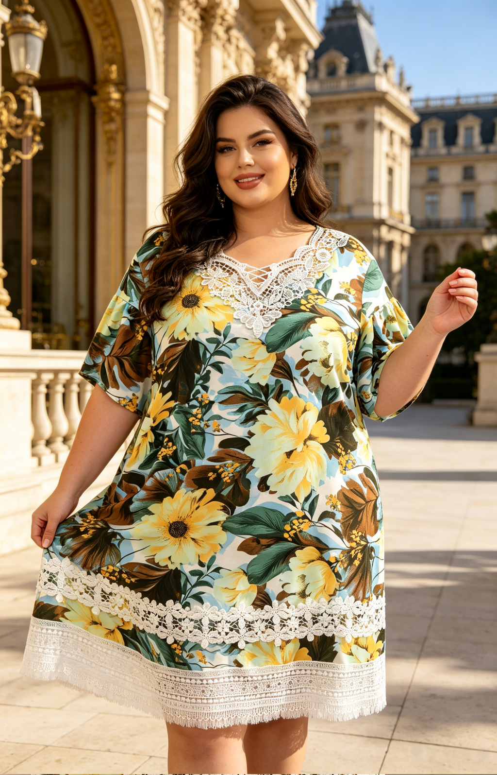 Robe Grande Taille Femme 46-60 | Robe Florale à Dentelle, Manches Courtes, Plusieurs Couleurs Disponibles R 619