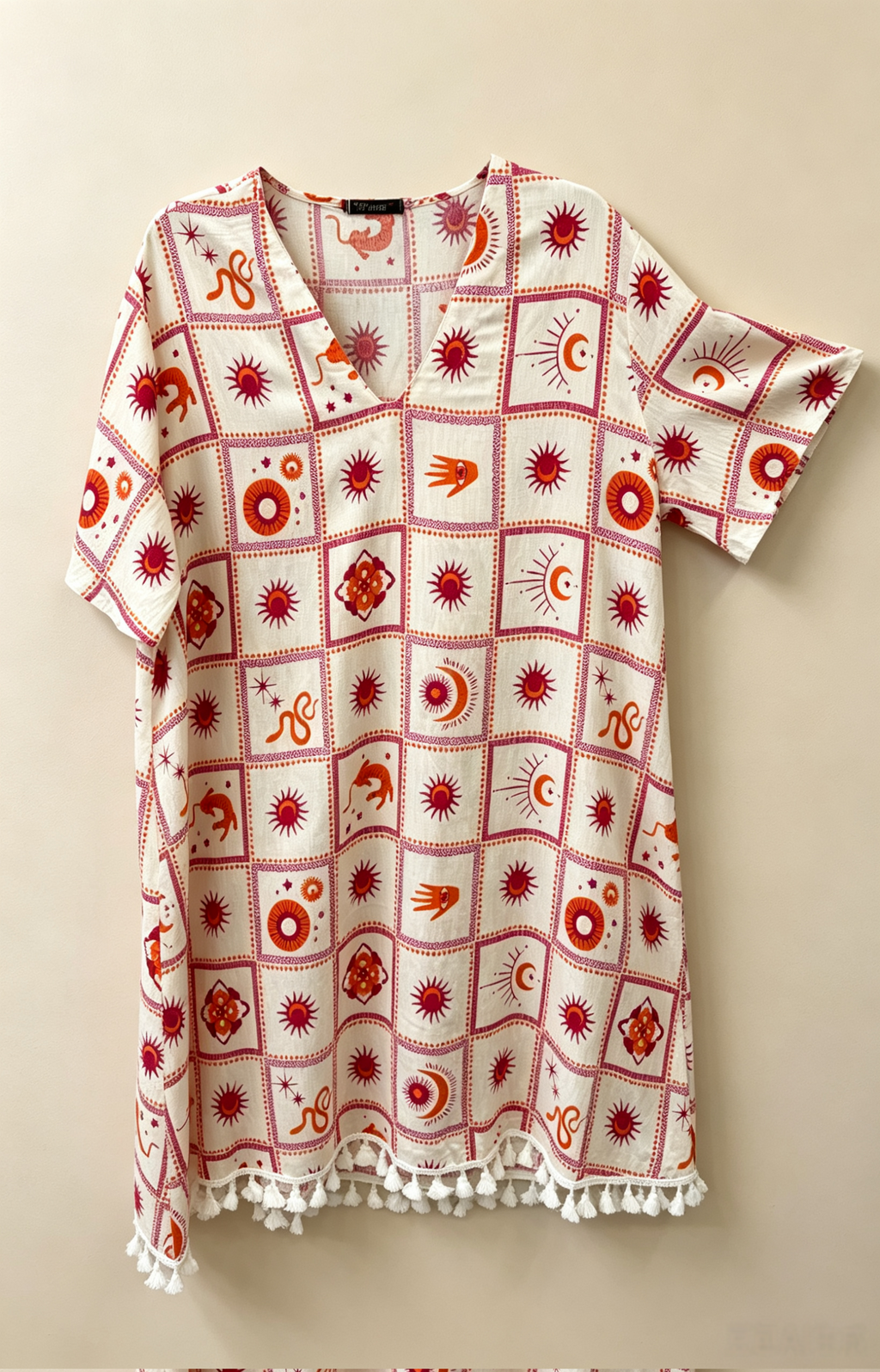 Robe Tunique Grande Taille 46-60 Femme Bohème Imprimé Soleil Lune Col V Manches Courtes Pompons Plusieurs Couleurs R 613
