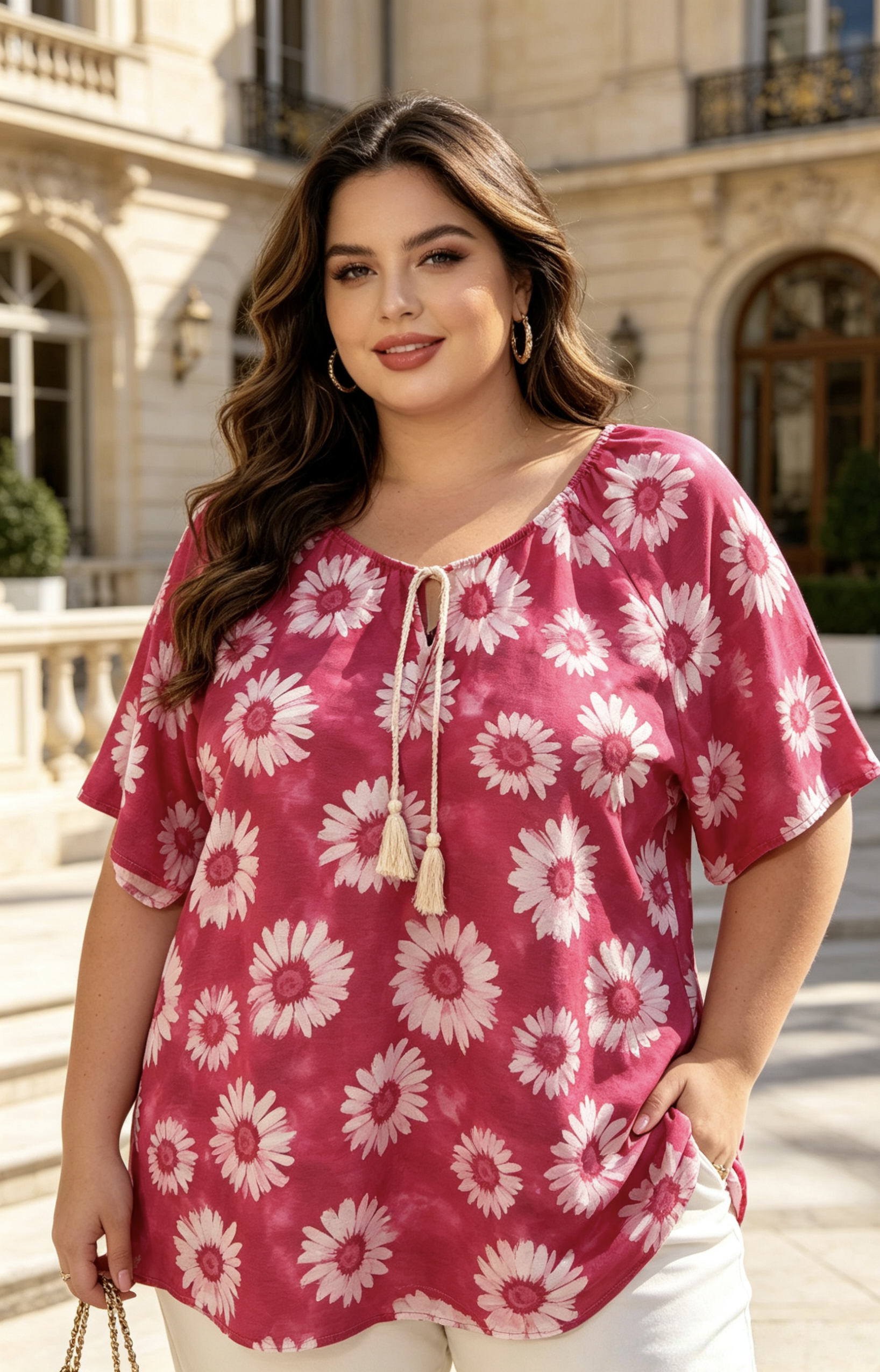 Blouse Grande Taille 46-60 Imprimé Marguerite Tie & Dye - Style Bohème, Manches Courtes, Multicolore Disponible, Confort Optimal Pour Femmes Rondes, Idéale Pour L'Été H 646 Fleur