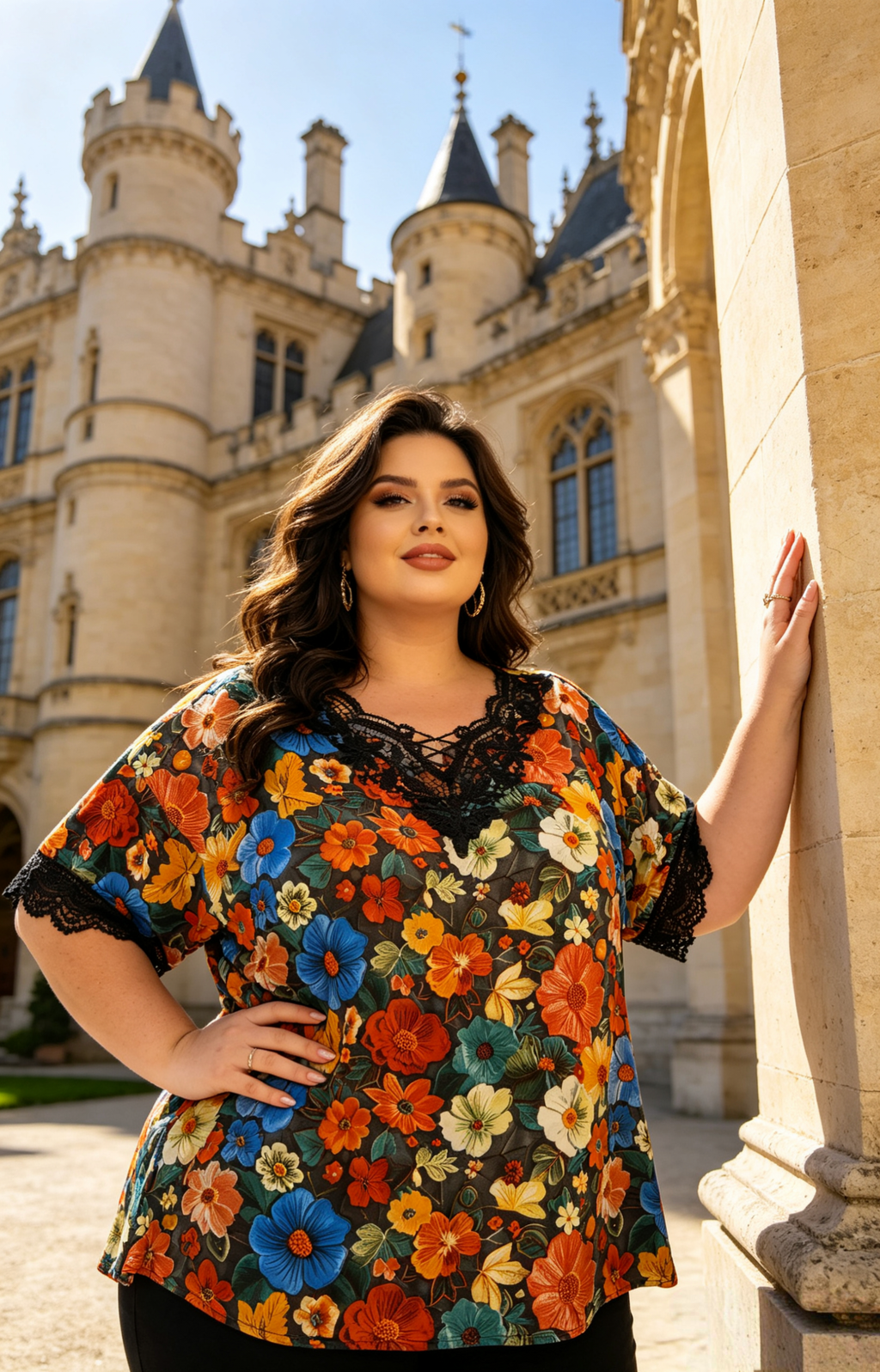 Blouse Grande Taille Imprimé Floral Jaune Rouge Vert, Haut Manches Courtes avec Dentelle Blanche pour Femme 3XL 4XL 5XL 6XL, Chemise Été Élégante et Décontractée, Vêtement Chic Grande Taille H 641