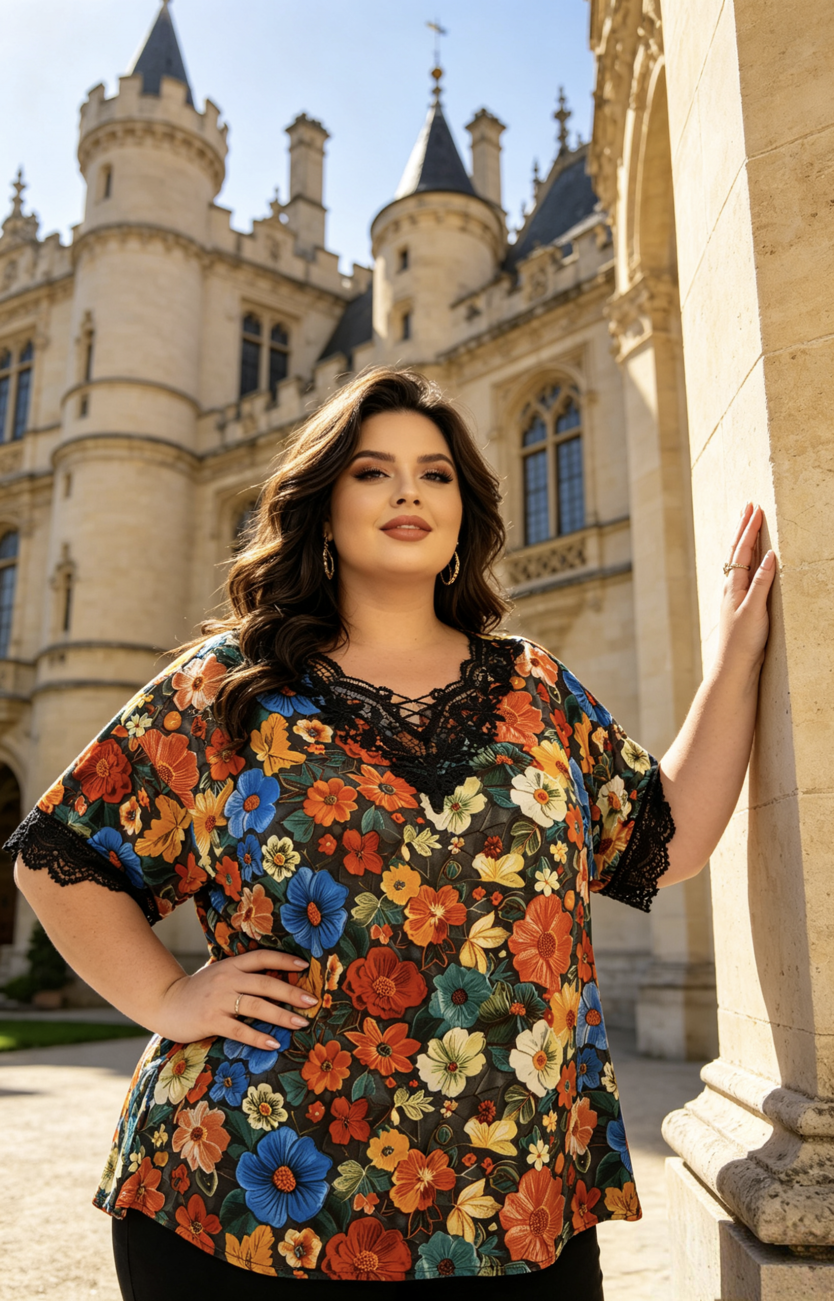 Blouse Grande Taille Imprimé Floral Jaune Rouge Vert, Haut Manches Courtes avec Dentelle Blanche pour Femme 3XL 4XL 5XL 6XL, Chemise Été Élégante et Décontractée, Vêtement Chic Grande Taille H 641