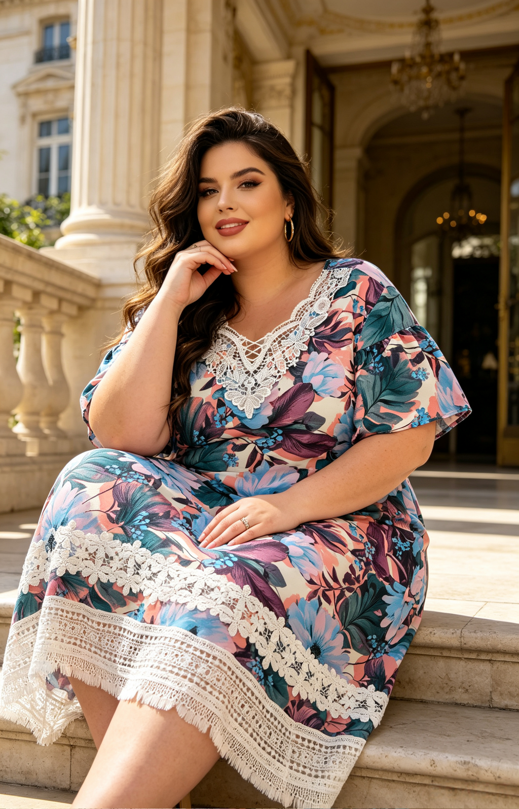 Robe Grande Taille Femme 46-60 | Robe Florale à Dentelle, Manches Courtes, Plusieurs Couleurs Disponibles R 619