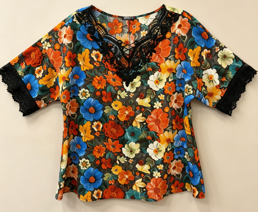 Blouse Grande Taille Imprimé Floral Jaune Rouge Vert, Haut Manches Courtes avec Dentelle Blanche pour Femme 3XL 4XL 5XL 6XL, Chemise Été Élégante et Décontractée, Vêtement Chic Grande Taille H 641