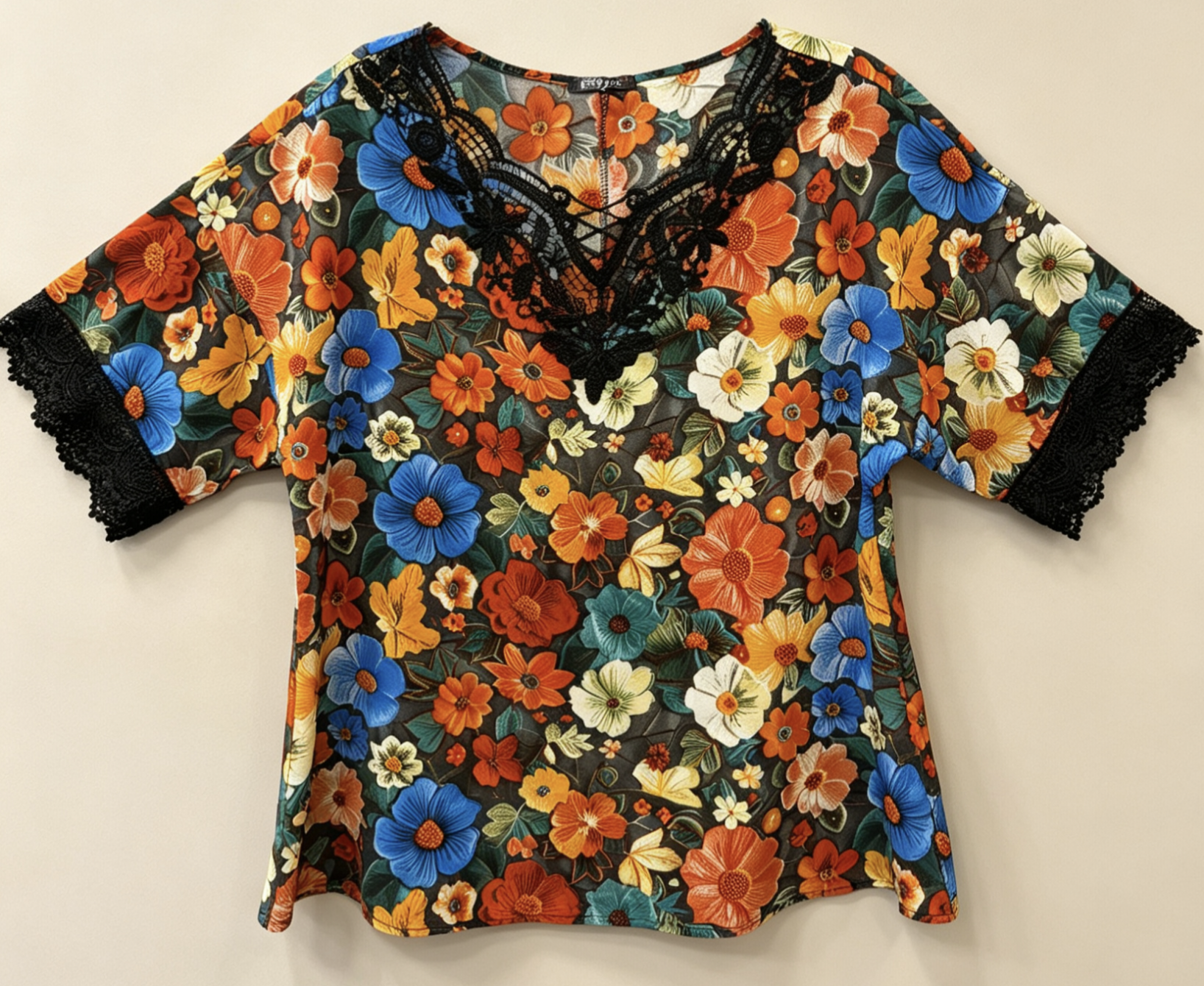 Blouse Grande Taille Imprimé Floral Jaune Rouge Vert, Haut Manches Courtes avec Dentelle Blanche pour Femme 3XL 4XL 5XL 6XL, Chemise Été Élégante et Décontractée, Vêtement Chic Grande Taille H 641