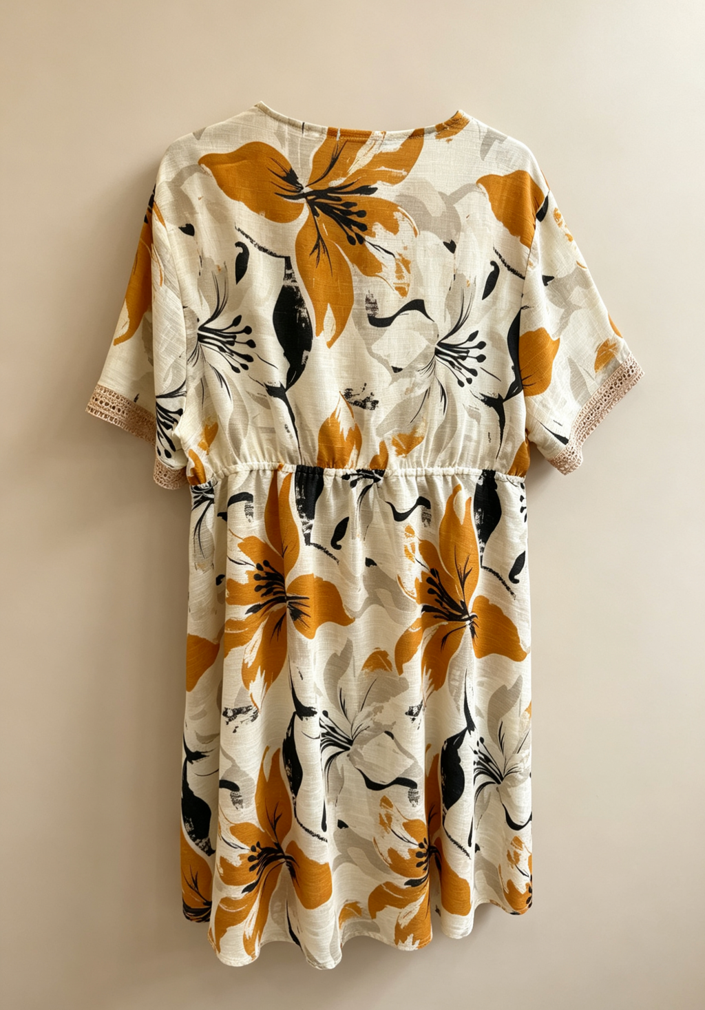 Große Größen Kleid mit gelb-rot-grünem Blumendruck, Midikleid mit V-Ausschnitt und Häkelärmeln, bequemes Sommerkleid mit elastischer Taille, schickes Boho-Kleid für Damen, lässiges Urlaubskleid für den Strand 2WR615