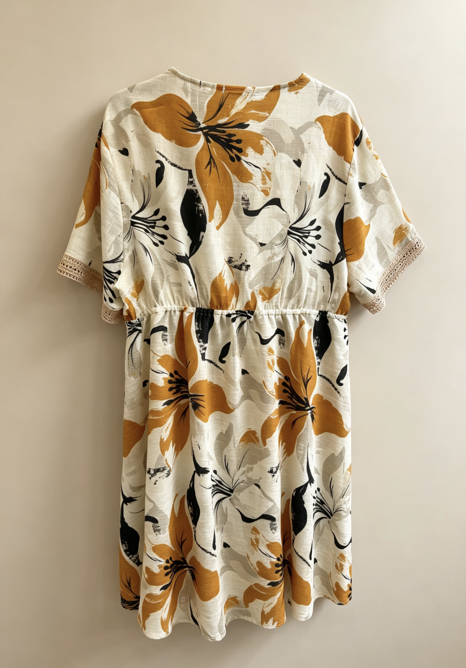 Große Größen Kleid mit gelb-rot-grünem Blumendruck, Midikleid mit V-Ausschnitt und Häkelärmeln, bequemes Sommerkleid mit elastischer Taille, schickes Boho-Kleid für Damen, lässiges Urlaubskleid für den Strand 2WR615