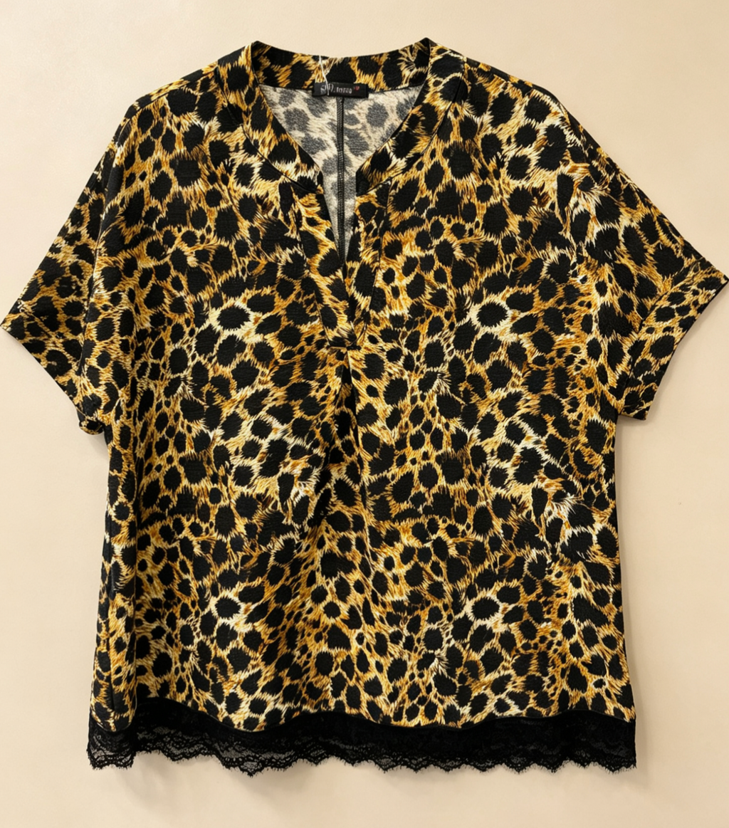 Blouse Grande Taille Imprimé Léopard Jaune Noir, Chemise Manches Courtes pour Femme 3XL 4XL 5XL 6XL, Haut Décontracté Chic pour Été, Vêtement Élégant Grande Taille, Style Parisien H 637 -1 léopard