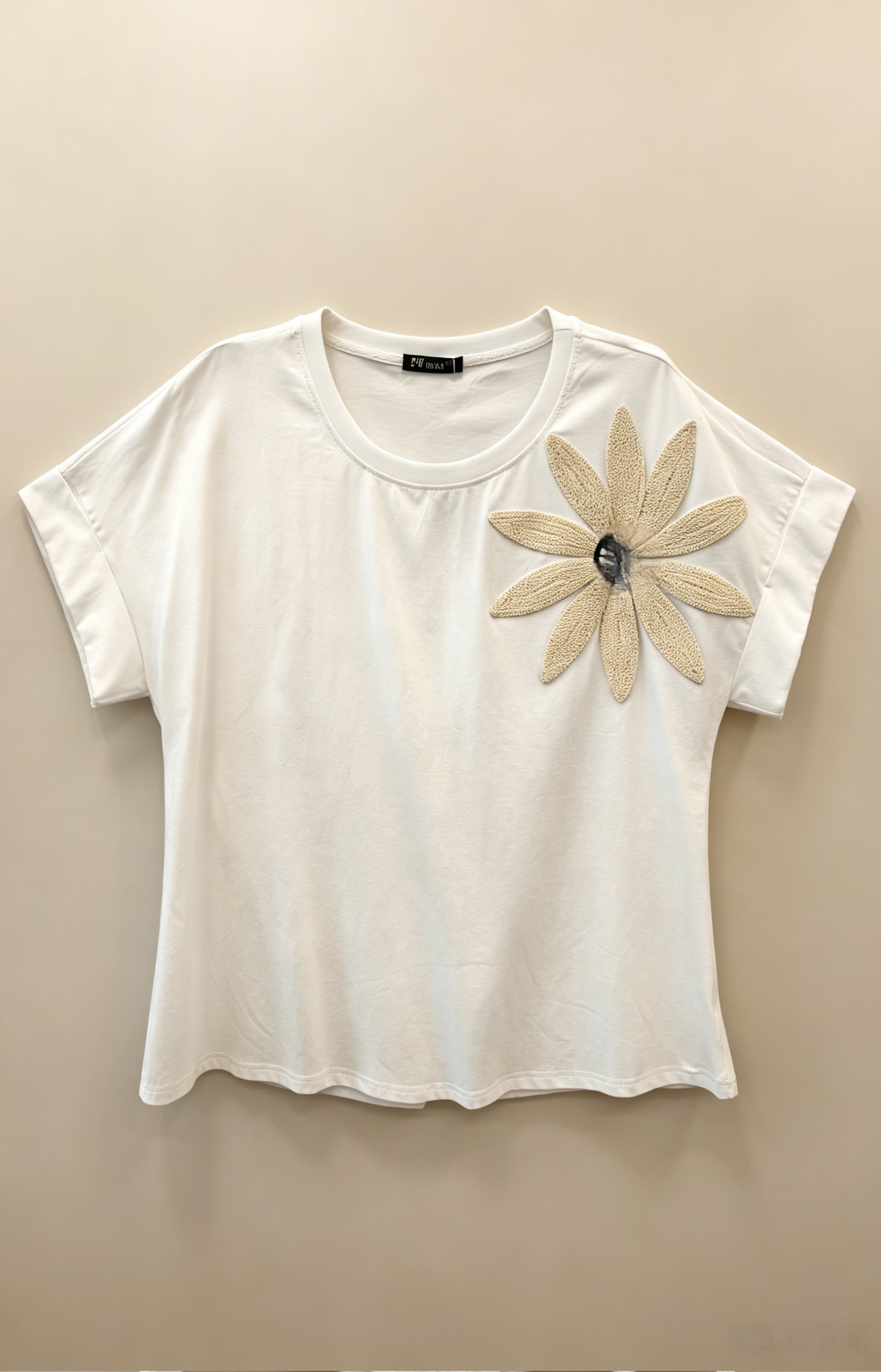 T-shirt Grande Taille 46-60 Femme avec Décor Fleur Crochetée Bohème, Plusieurs Couleurs Disponibles H 37