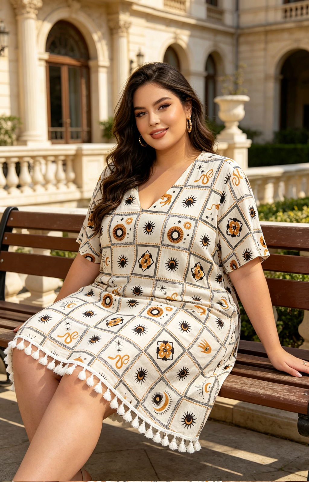 Robe Tunique Grande Taille 46-60 Femme Bohème Imprimé Soleil Lune Col V Manches Courtes Pompons Plusieurs Couleurs R 613