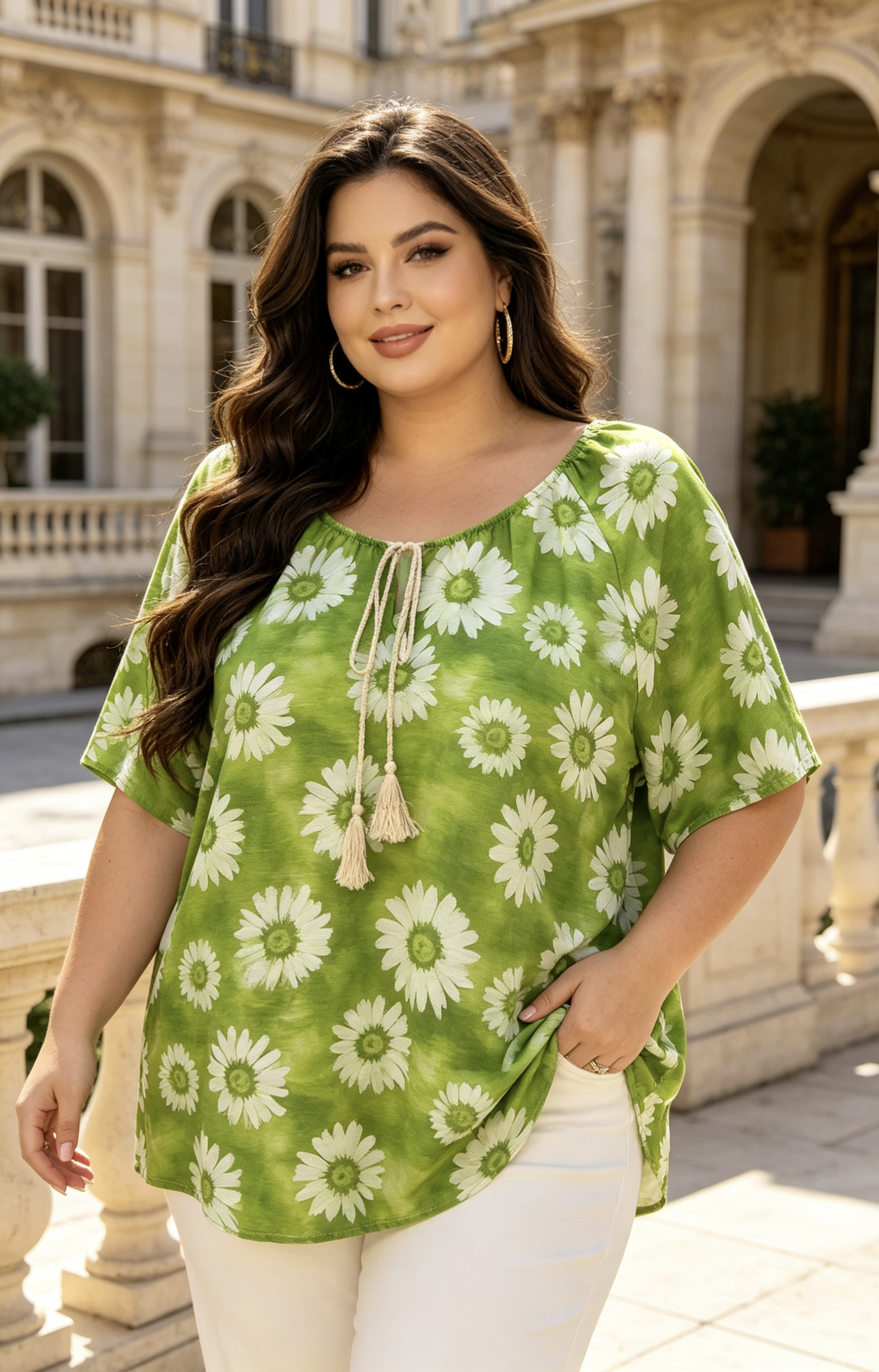 Blouse Grande Taille 46-60 Imprimé Marguerite Tie & Dye - Style Bohème, Manches Courtes, Multicolore Disponible, Confort Optimal Pour Femmes Rondes, Idéale Pour L'Été H 646 Fleur