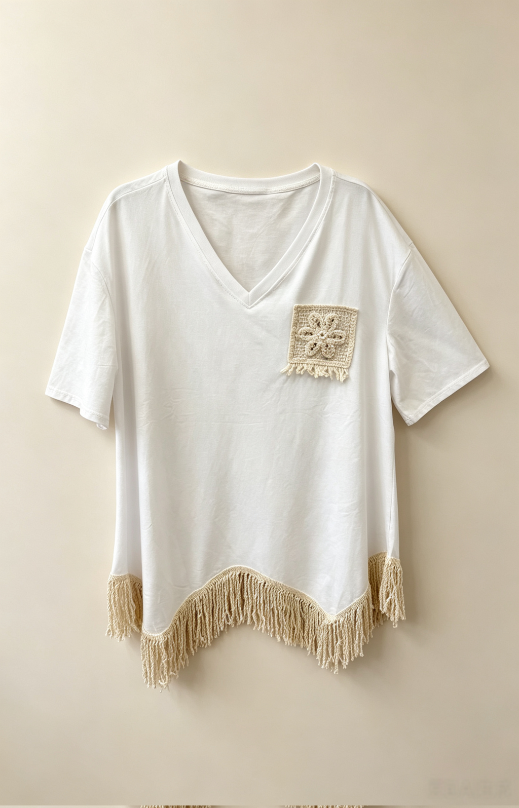 T-shirt Grande Taille 46-60 Femme V Col en V avec Poche Crochetée et Franges, Plusieurs Couleurs Disponibles H 606