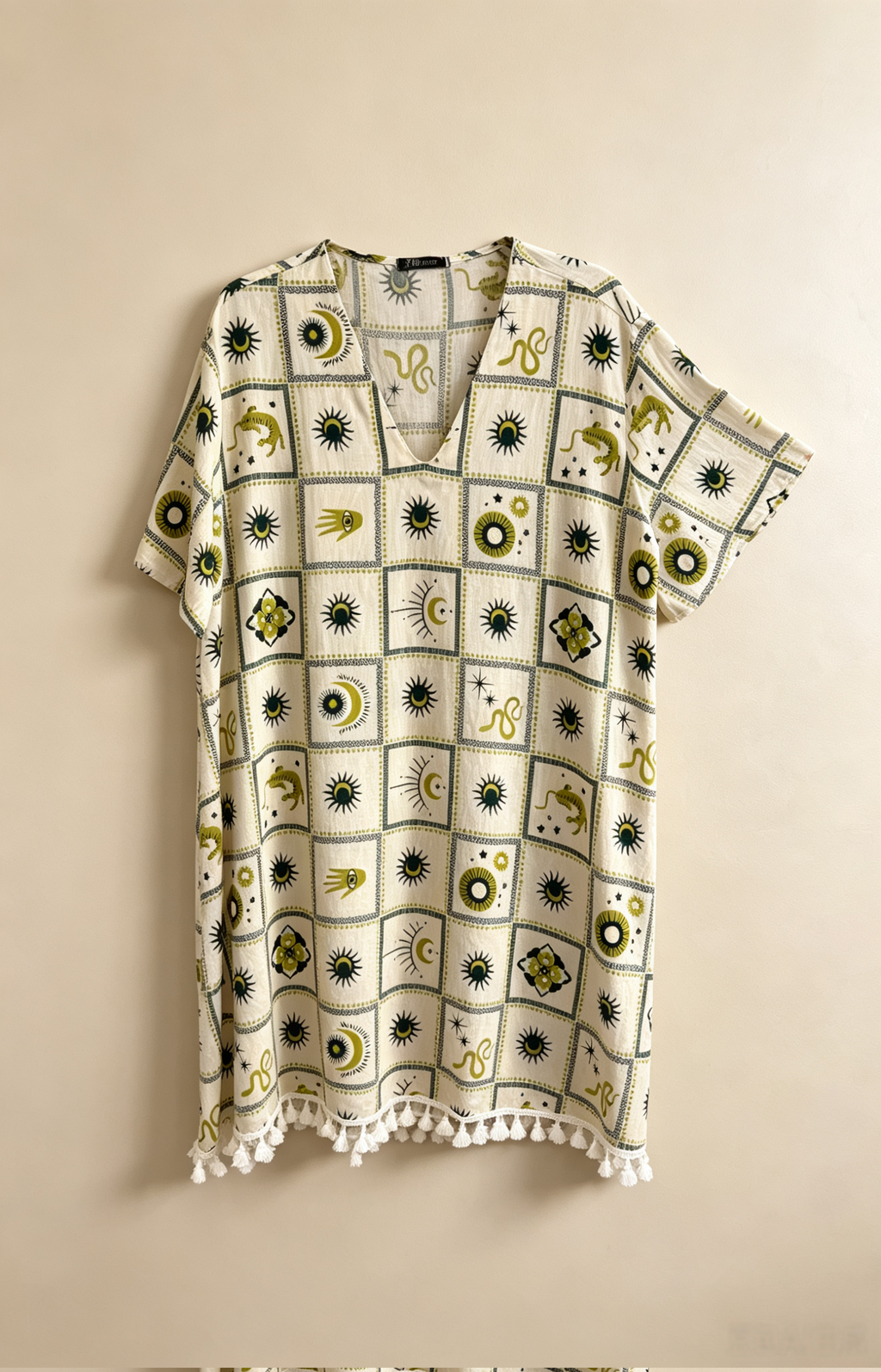 Robe Tunique Grande Taille 46-60 Femme Bohème Imprimé Soleil Lune Col V Manches Courtes Pompons Plusieurs Couleurs R 613