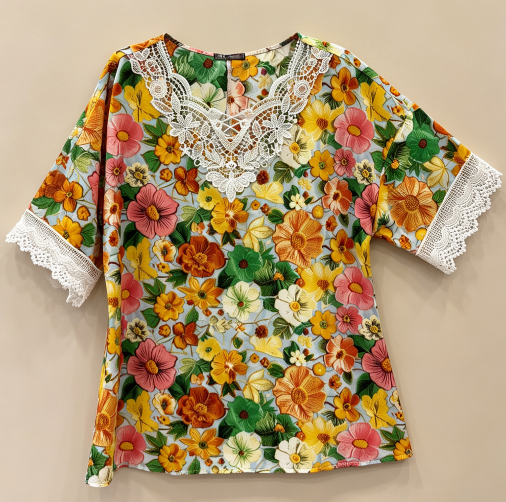 Blouse Grande Taille Imprimé Floral Jaune Rouge Vert, Haut Manches Courtes avec Dentelle Blanche pour Femme 3XL 4XL 5XL 6XL, Chemise Été Élégante et Décontractée, Vêtement Chic Grande Taille H 641