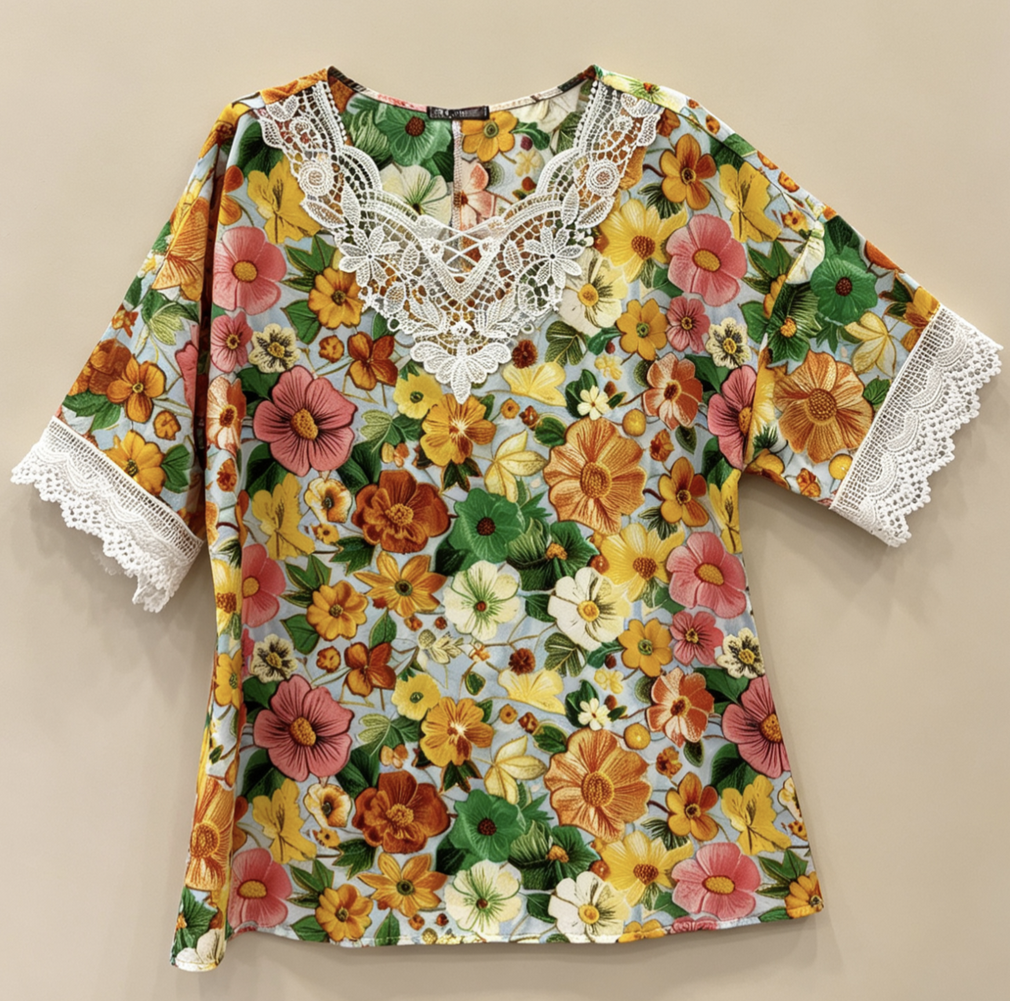 Blouse Grande Taille Imprimé Floral Jaune Rouge Vert, Haut Manches Courtes avec Dentelle Blanche pour Femme 3XL 4XL 5XL 6XL, Chemise Été Élégante et Décontractée, Vêtement Chic Grande Taille H 641