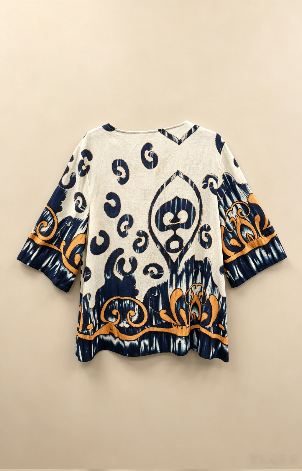 Blouse Grande Taille 46-60 Imprimé Ikat Femme, Tunique V-Neck Lacée Manches Évasées, Minceur et Confortable, Plusieurs Couleurs Disponibles H 27