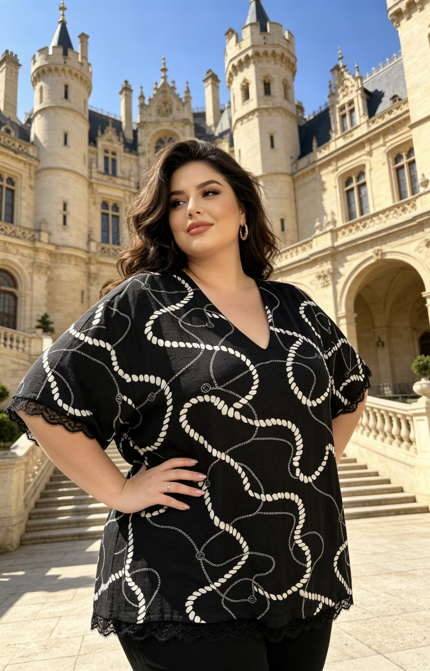Blouse Grande Taille Noir et Blanc, Haut Imprimé Chaîne Manches Courtes, Top V-Col Dentelle au Bas et aux Manches, Chemise Chic Été pour Femme Grande Taille, Tee-Shirt Décontracté Élégant Taille Plus46-60 H 639