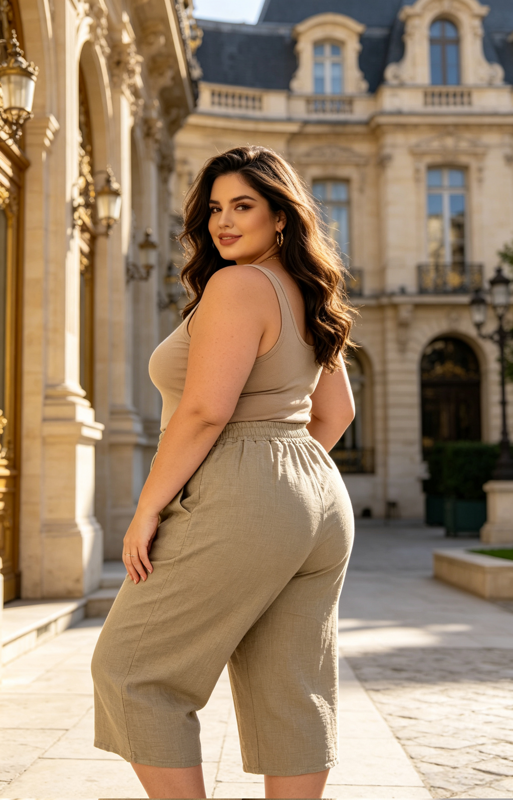 Pantalon 7/8 Grande Taille Femme 46-60 | Culotte Large Beige Fluide, Confortable et Légère, Plusieurs Couleurs Disponibles P 603 UNi