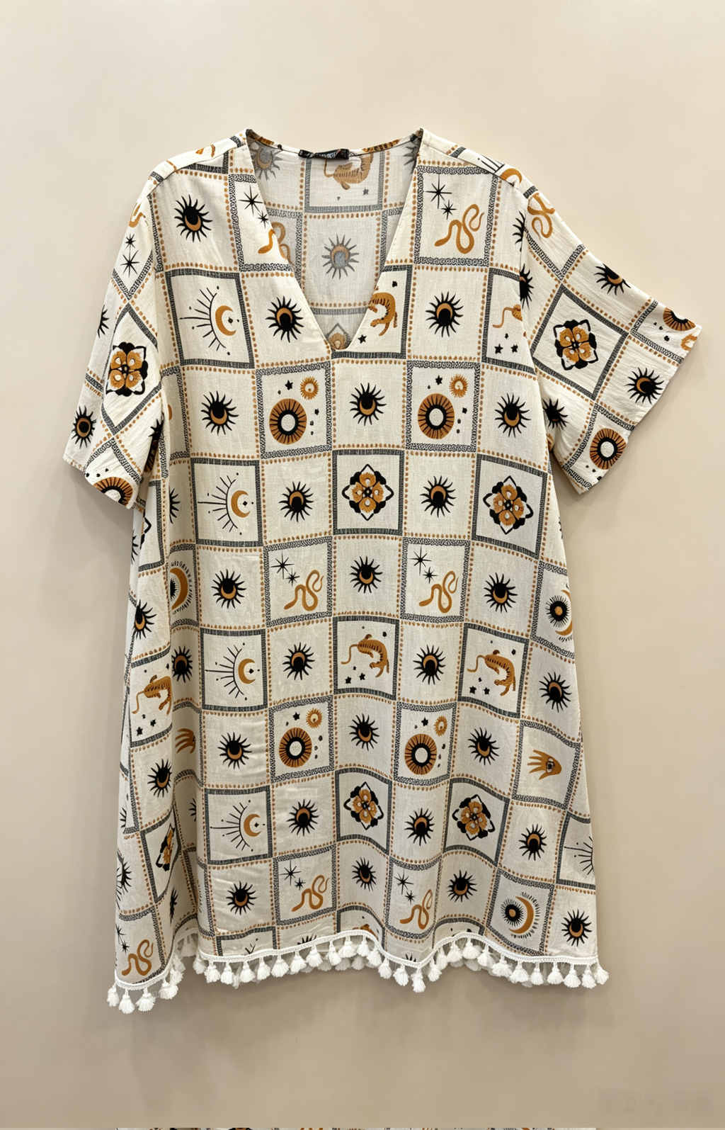 Robe Tunique Grande Taille 46-60 Femme Bohème Imprimé Soleil Lune Col V Manches Courtes Pompons Plusieurs Couleurs R 613
