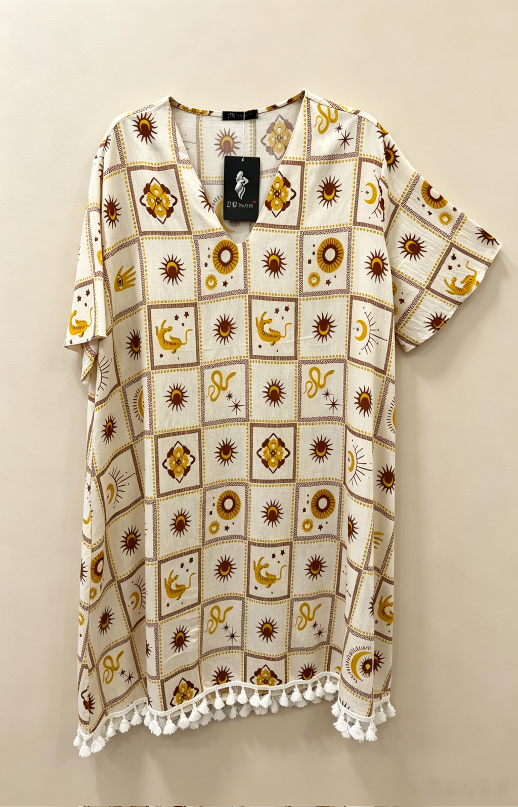 Robe Tunique Grande Taille 46-60 Femme Bohème Imprimé Soleil Lune Col V Manches Courtes Pompons Plusieurs Couleurs R 613