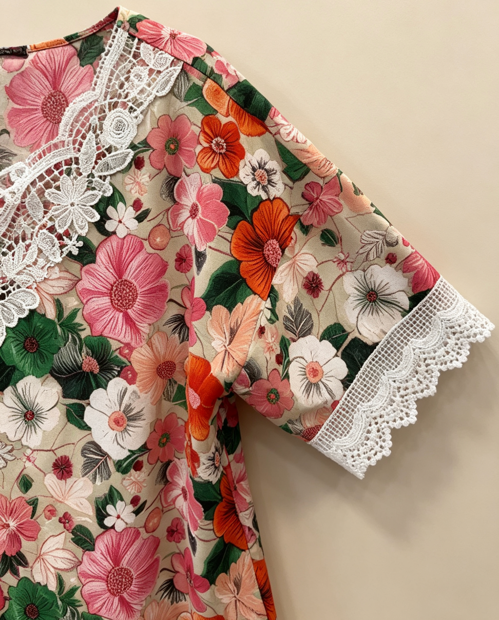 Blouse Grande Taille Imprimé Floral Jaune Rouge Vert, Haut Manches Courtes avec Dentelle Blanche pour Femme 3XL 4XL 5XL 6XL, Chemise Été Élégante et Décontractée, Vêtement Chic Grande Taille H 641