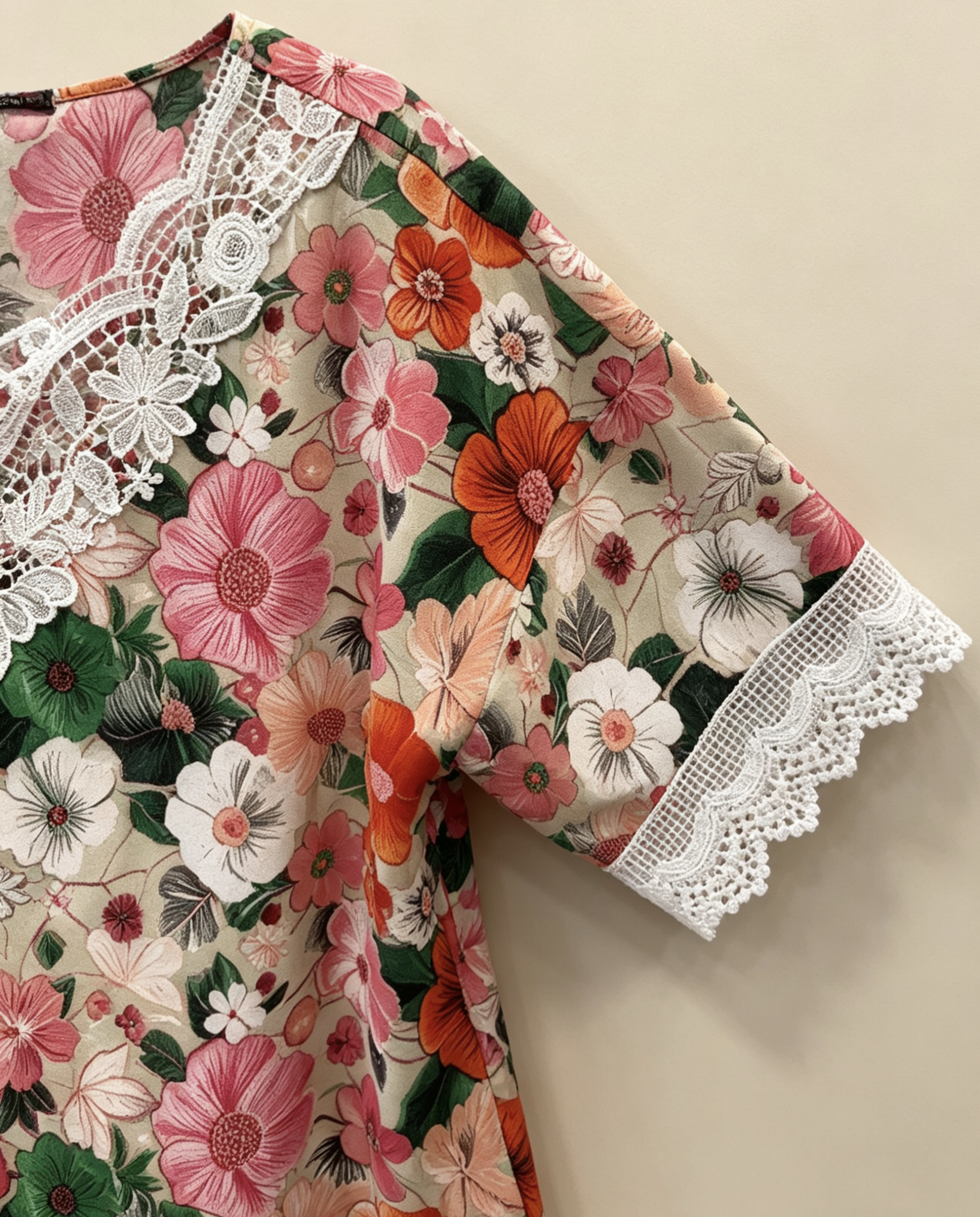 Blouse Grande Taille Imprimé Floral Jaune Rouge Vert, Haut Manches Courtes avec Dentelle Blanche pour Femme 3XL 4XL 5XL 6XL, Chemise Été Élégante et Décontractée, Vêtement Chic Grande Taille H 641