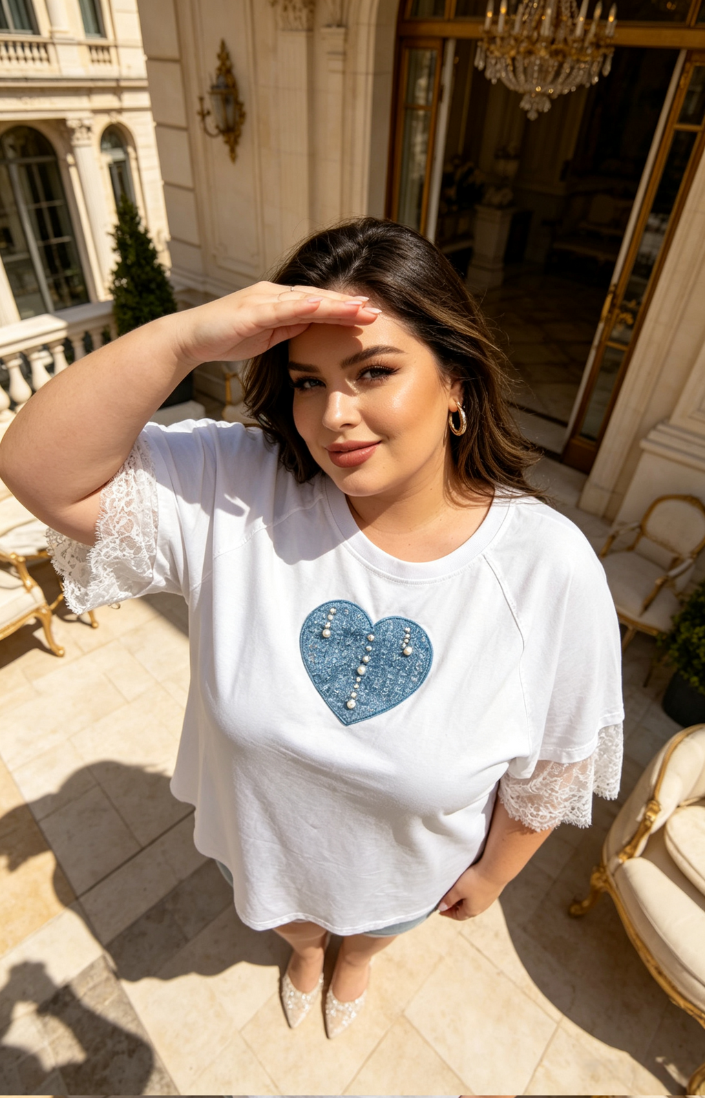 T-Shirt Grande Taille 46-60 pour Femme, Cœur en Jean et Perles, Manches en Dentelle, Multi-couleurs Disponibles, Style Décontracté Élégant H 622