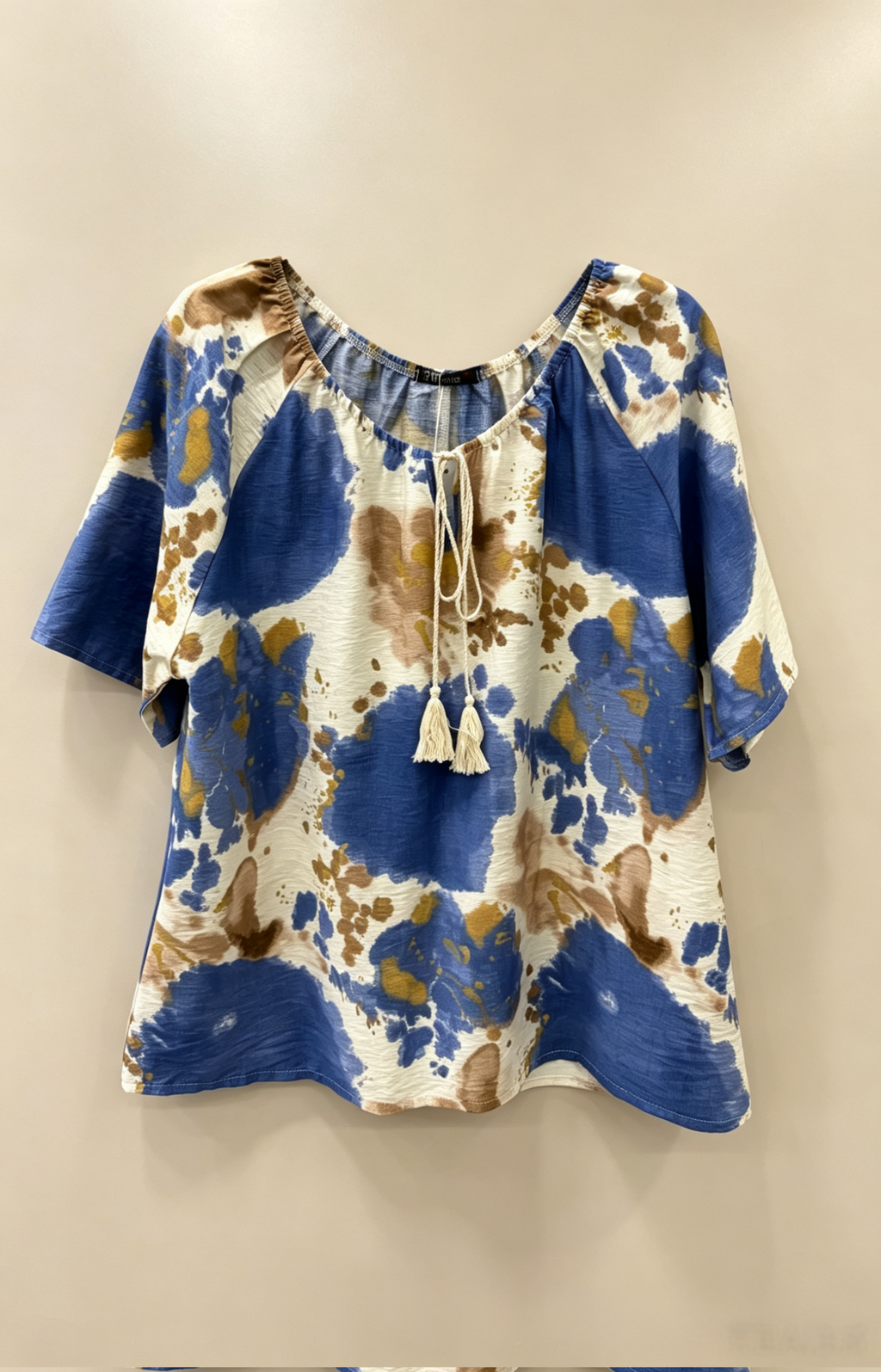 Blouse Grande Taille 46-60 Femme - Modèle Tie & Dye Boho avec Pompons, Manches Courtes, Plusieurs Couleurs Disponibles H 646 -1 Aquarelle