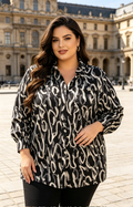 Chemise Grande Taille Femme 46-60, Imprimé Abstrait Noir et Blanc, Coupe Ample et Affinante, Manches Longues, Style Chic pour Toutes Occasions H 13
