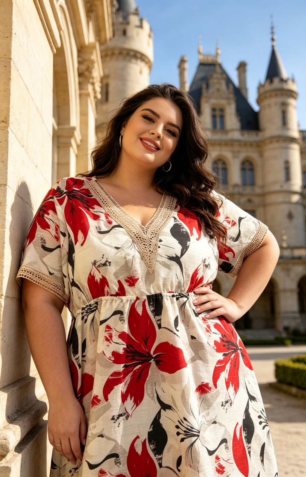 Große Größen Kleid mit gelb-rot-grünem Blumendruck, Midikleid mit V-Ausschnitt und Häkelärmeln, bequemes Sommerkleid mit elastischer Taille, schickes Boho-Kleid für Damen, lässiges Urlaubskleid für den Strand 2WR615