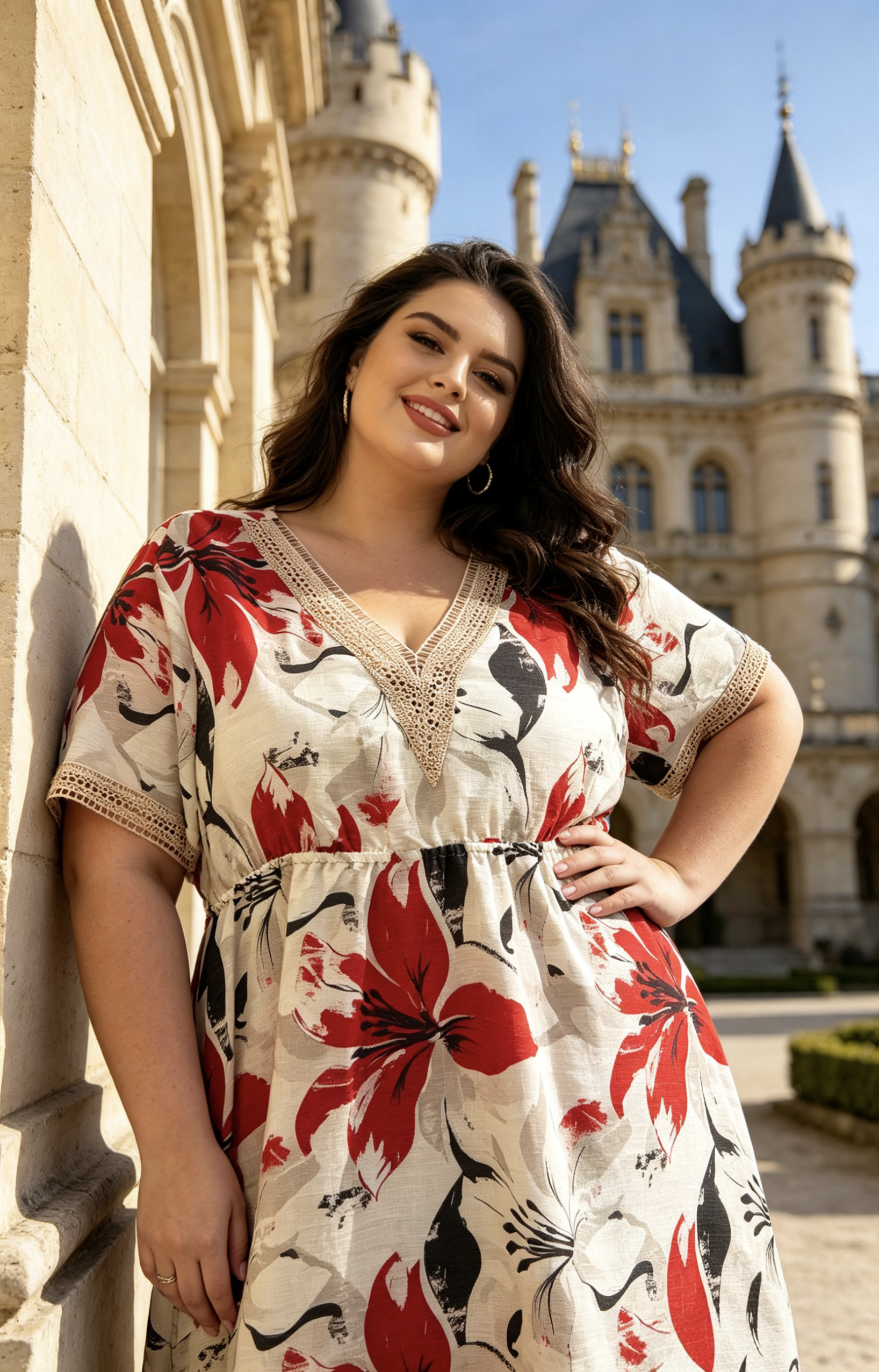Robe Grande Taille Imprimée Floral Jaune Rouge Vert, Robe Mi-Longue Col V Crochet Manches Courtes, Robe Été Confortable Taille Élastiquée, Robe Bohème Chic pour Femme, Robe Décontractée Vacances Plage R 615