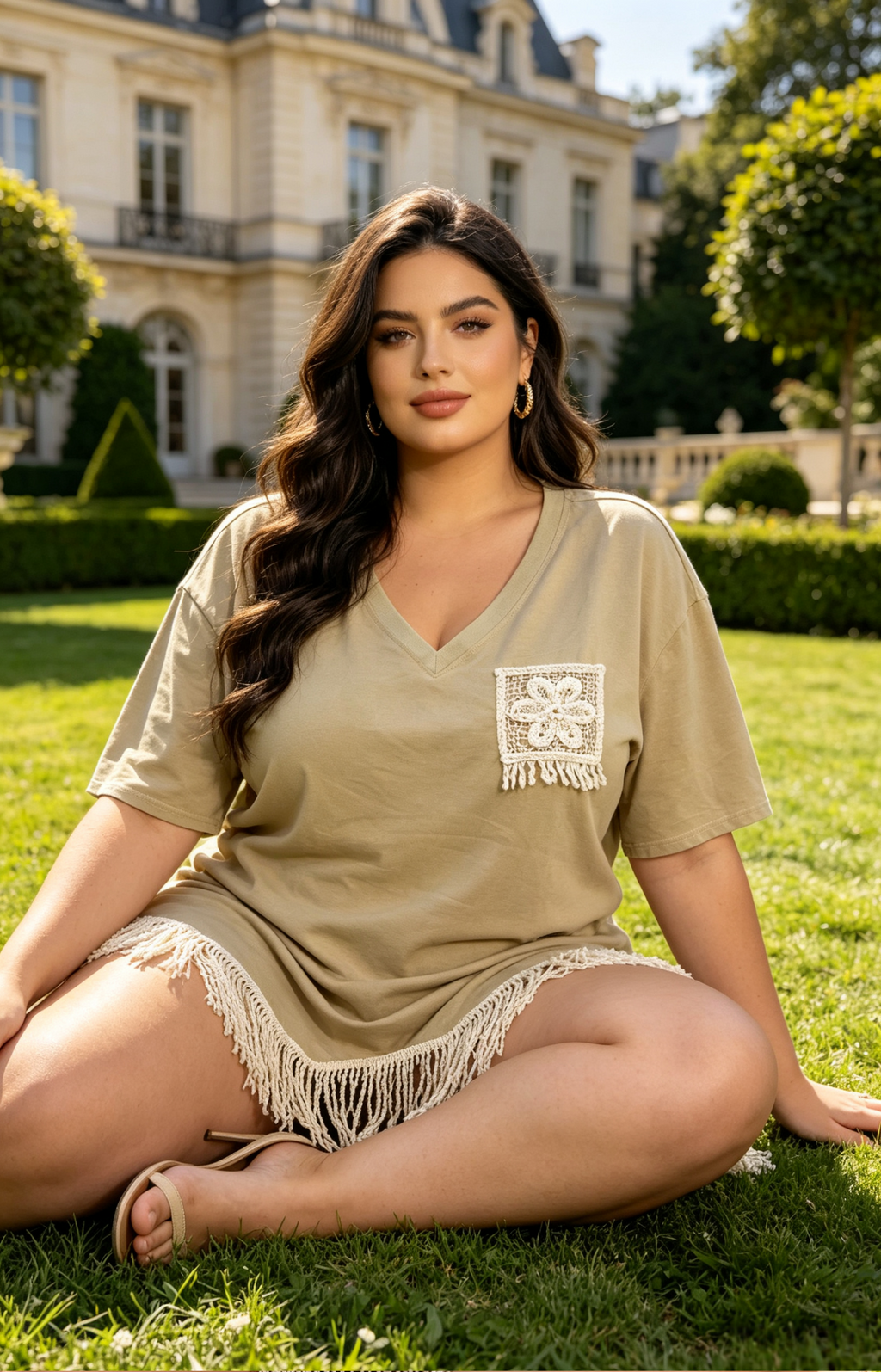 T-shirt Grande Taille 46-60 Femme V Col en V avec Poche Crochetée et Franges, Plusieurs Couleurs Disponibles H 606
