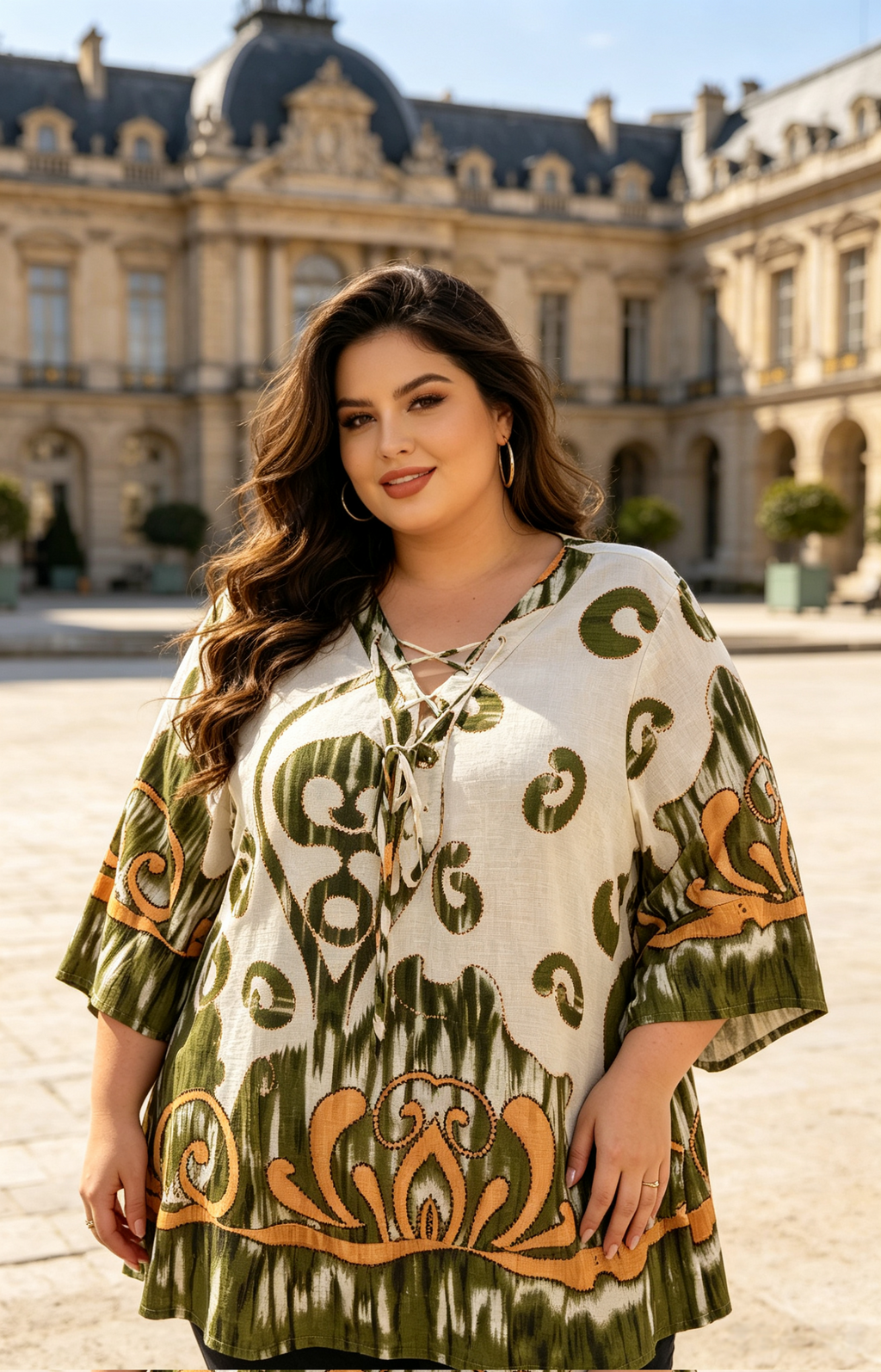 Blouse Grande Taille 46-60 Imprimé Ikat Femme, Tunique V-Neck Lacée Manches Évasées, Minceur et Confortable, Plusieurs Couleurs Disponibles H 27