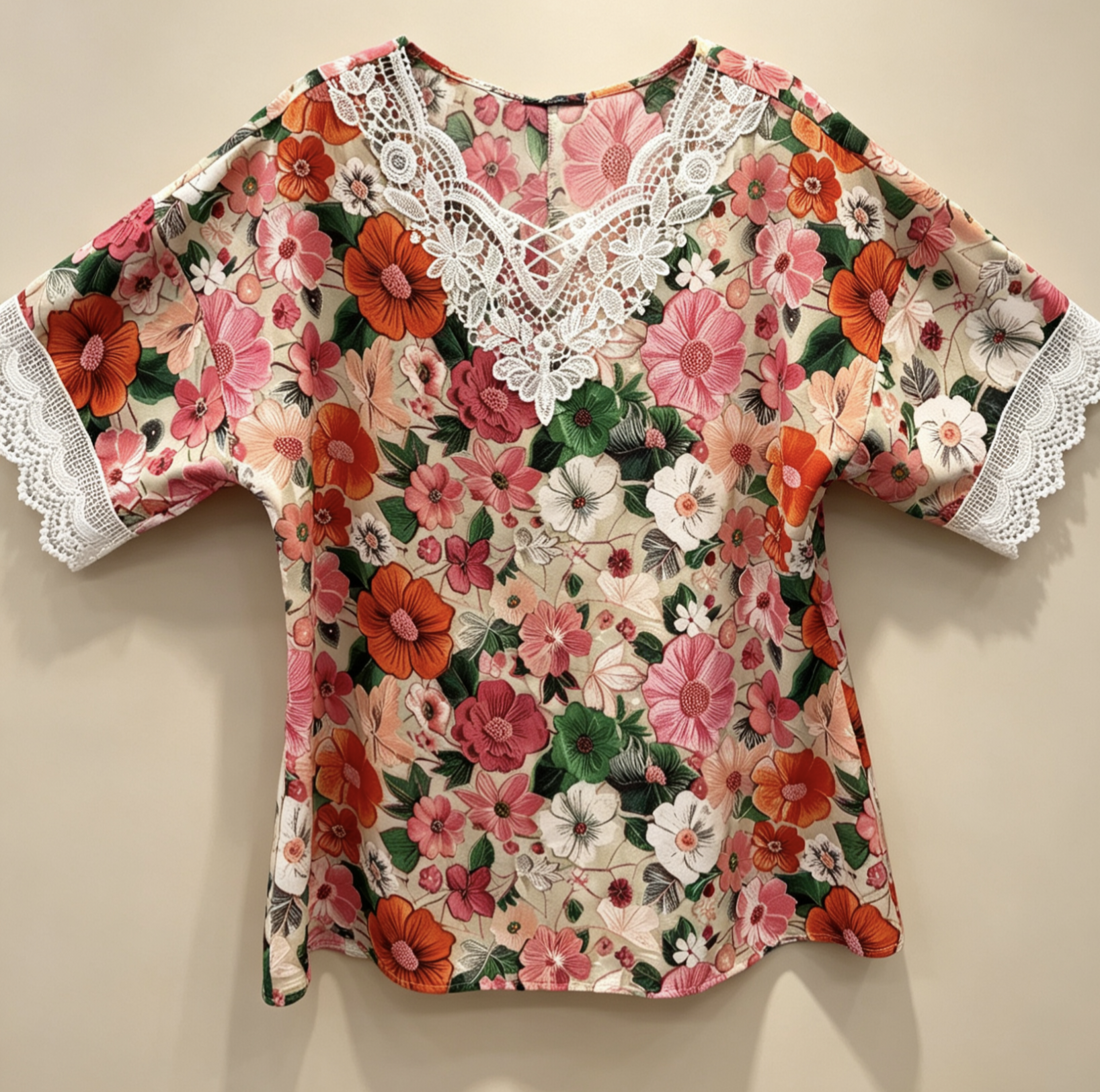 Blouse Grande Taille Imprimé Floral Jaune Rouge Vert, Haut Manches Courtes avec Dentelle Blanche pour Femme 3XL 4XL 5XL 6XL, Chemise Été Élégante et Décontractée, Vêtement Chic Grande Taille H 641