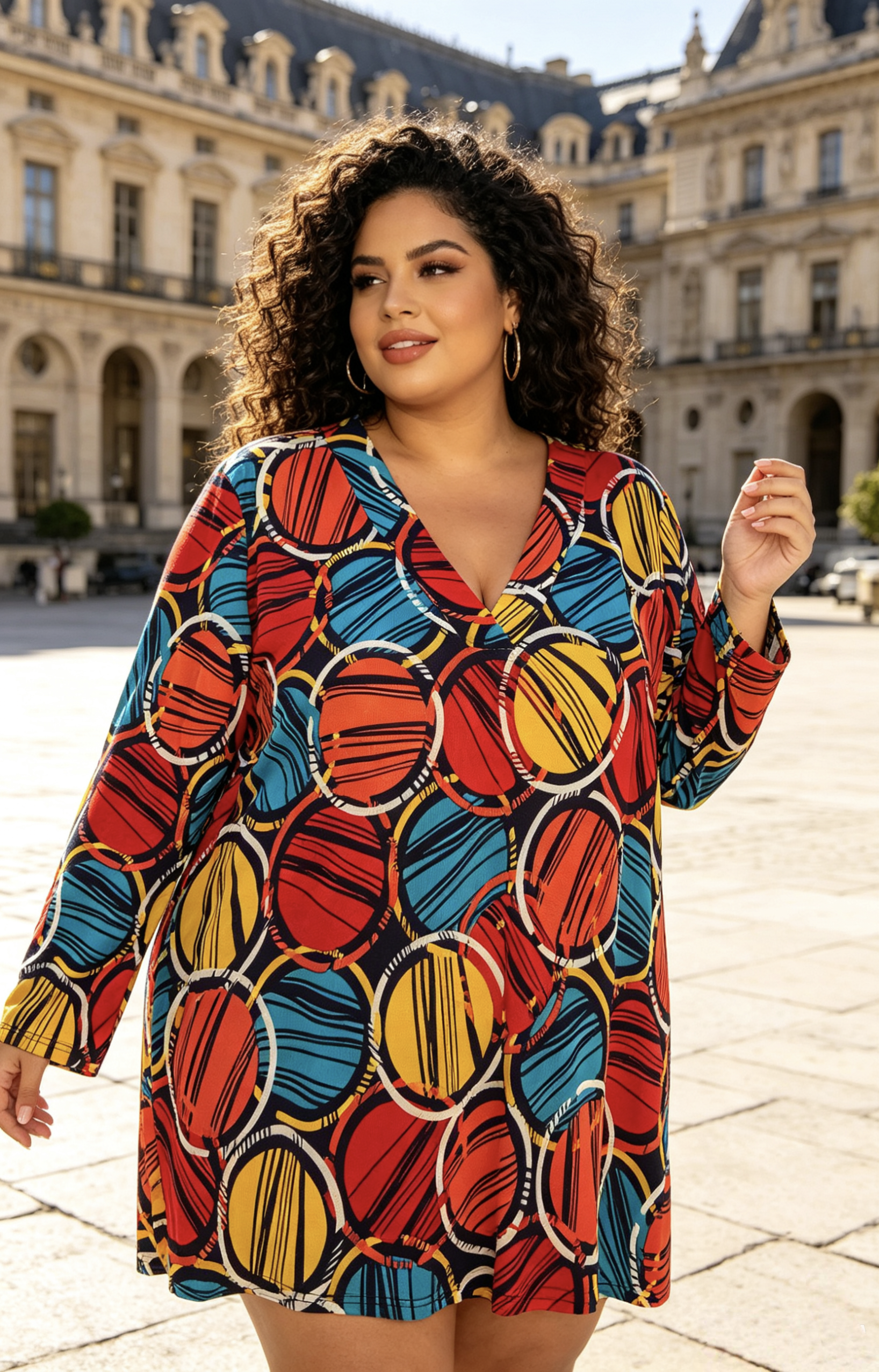 Blouse Tunique Grande Taille H3976 | Imprimé Cercles Multicolore, Manches Longues, Tailles 46-60