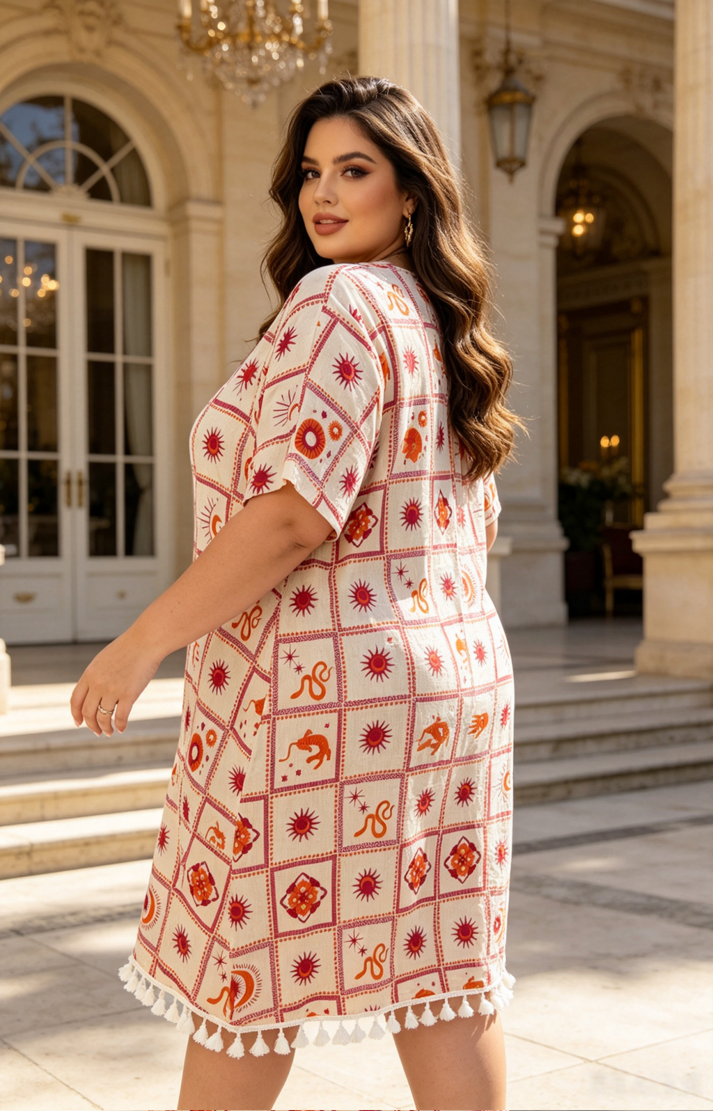 Robe Tunique Grande Taille 46-60 Femme Bohème Imprimé Soleil Lune Col V Manches Courtes Pompons Plusieurs Couleurs R 613