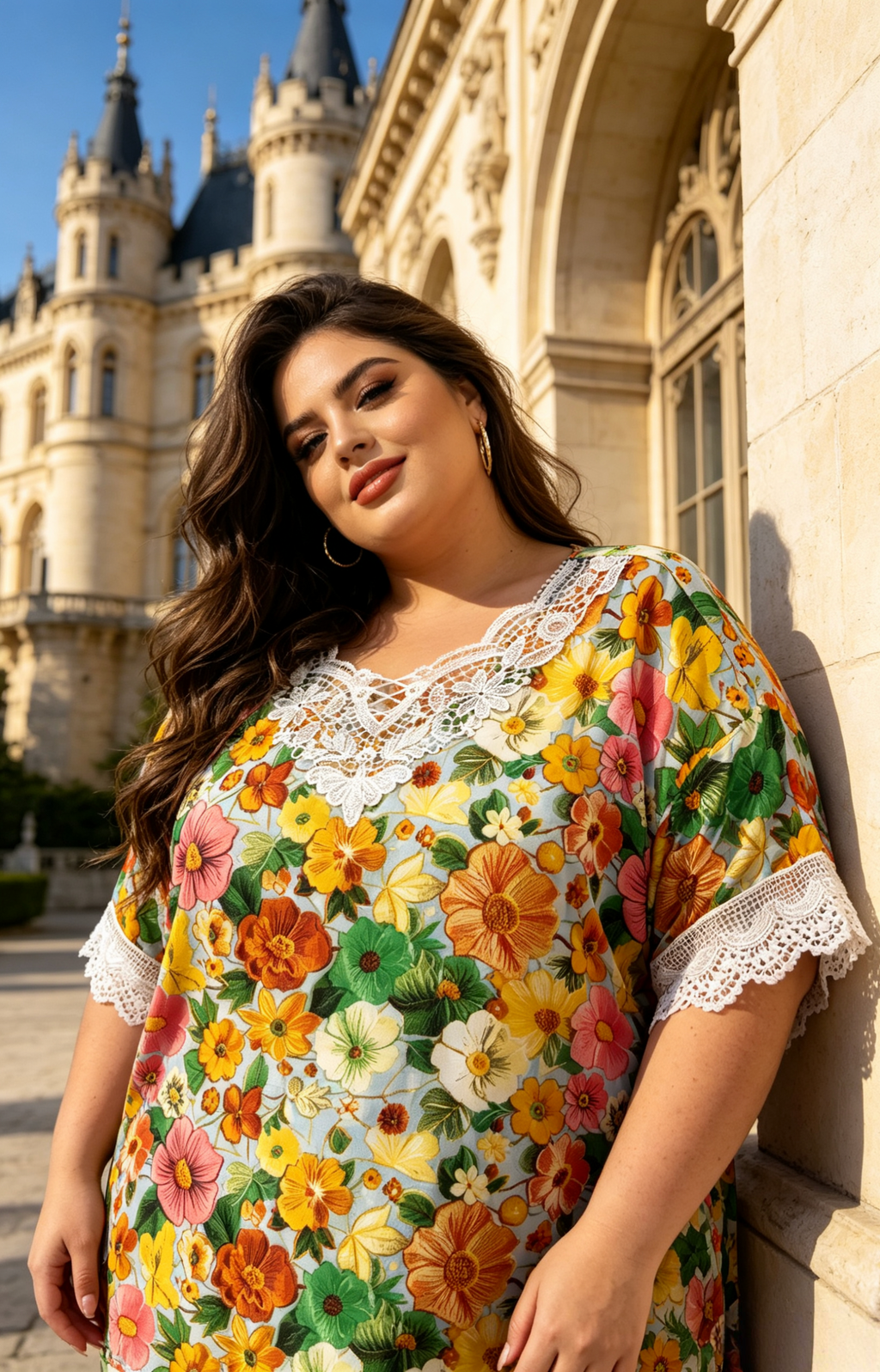 Blouse Grande Taille Imprimé Floral Jaune Rouge Vert, Haut Manches Courtes avec Dentelle Blanche pour Femme 3XL 4XL 5XL 6XL, Chemise Été Élégante et Décontractée, Vêtement Chic Grande Taille H 641