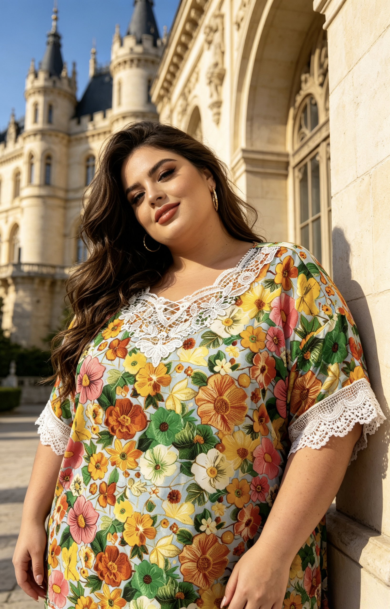Blouse Grande Taille Imprimé Floral Jaune Rouge Vert, Haut Manches Courtes avec Dentelle Blanche pour Femme 3XL 4XL 5XL 6XL, Chemise Été Élégante et Décontractée, Vêtement Chic Grande Taille H 641