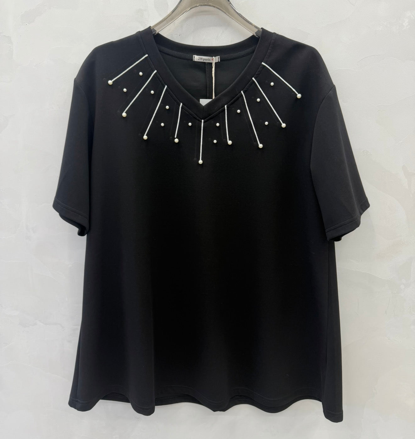 T-Shirt Übergröße Schwarz Weiß Hellbraun Fuchsia, Oberteil mit kurzen Ärmeln und V-Ausschnitt, verziert mit Perlen, Damen-T-Shirt, schicke lässige Sommerbluse, bequemes Top in Übergröße 46-60 2WH25