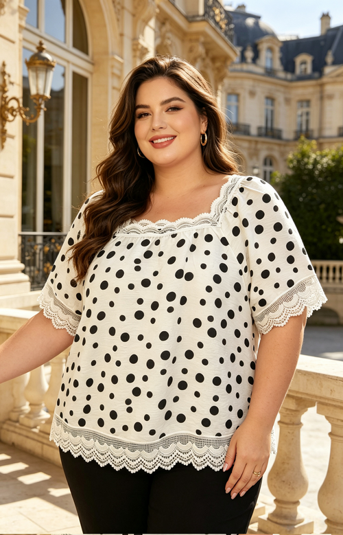 Blouse Grande Taille 46-60 à Pois Blancs sur Fond Noir, Col Carré avec Dentelle Noire et Manches Courtes, Multicolore Disponible H 621