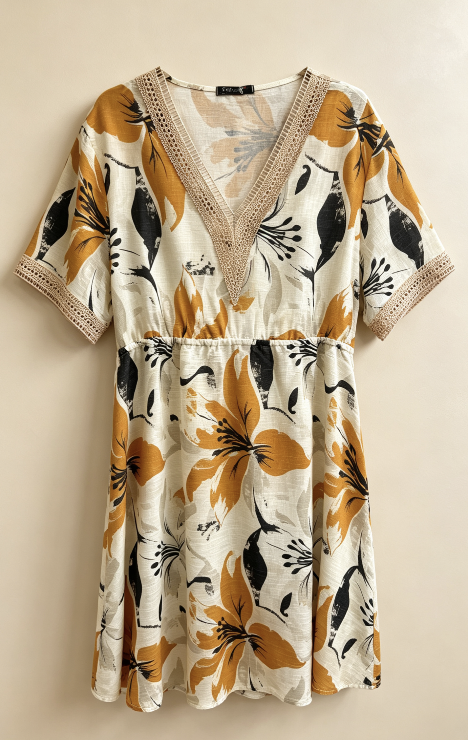 Robe Grande Taille Imprimée Floral Jaune Rouge Vert, Robe Mi-Longue Col V Crochet Manches Courtes, Robe Été Confortable Taille Élastiquée, Robe Bohème Chic pour Femme, Robe Décontractée Vacances Plage R 615