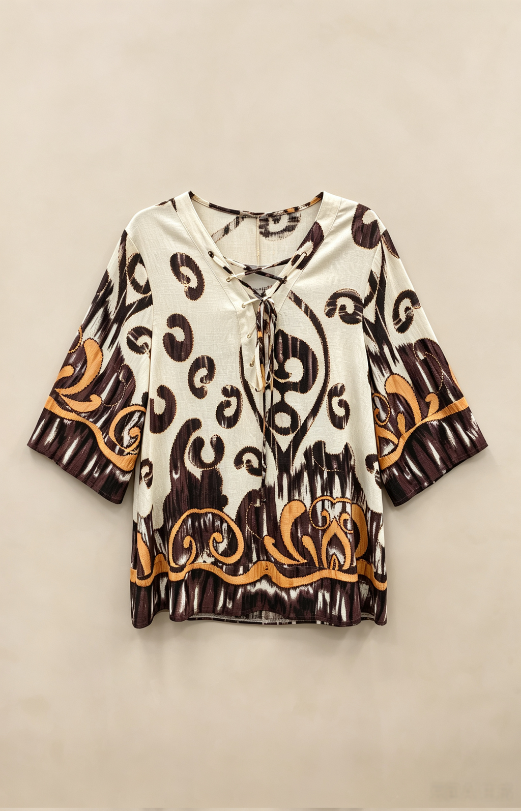 Blouse Grande Taille 46-60 Imprimé Ikat Femme, Tunique V-Neck Lacée Manches Évasées, Minceur et Confortable, Plusieurs Couleurs Disponibles H 27