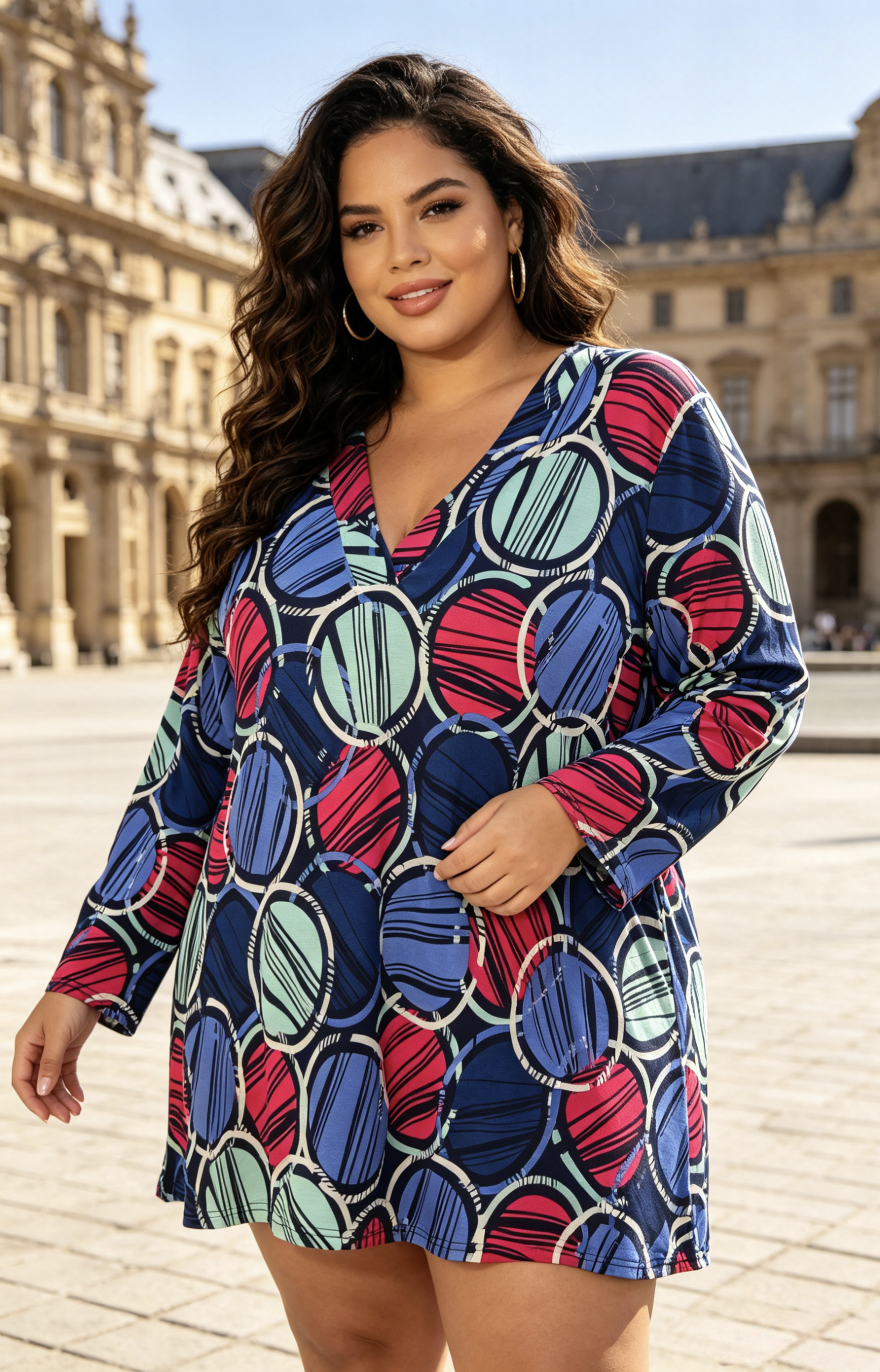 Blouse Tunique Grande Taille H3976 | Imprimé Cercles Multicolore, Manches Longues, Tailles 46-60